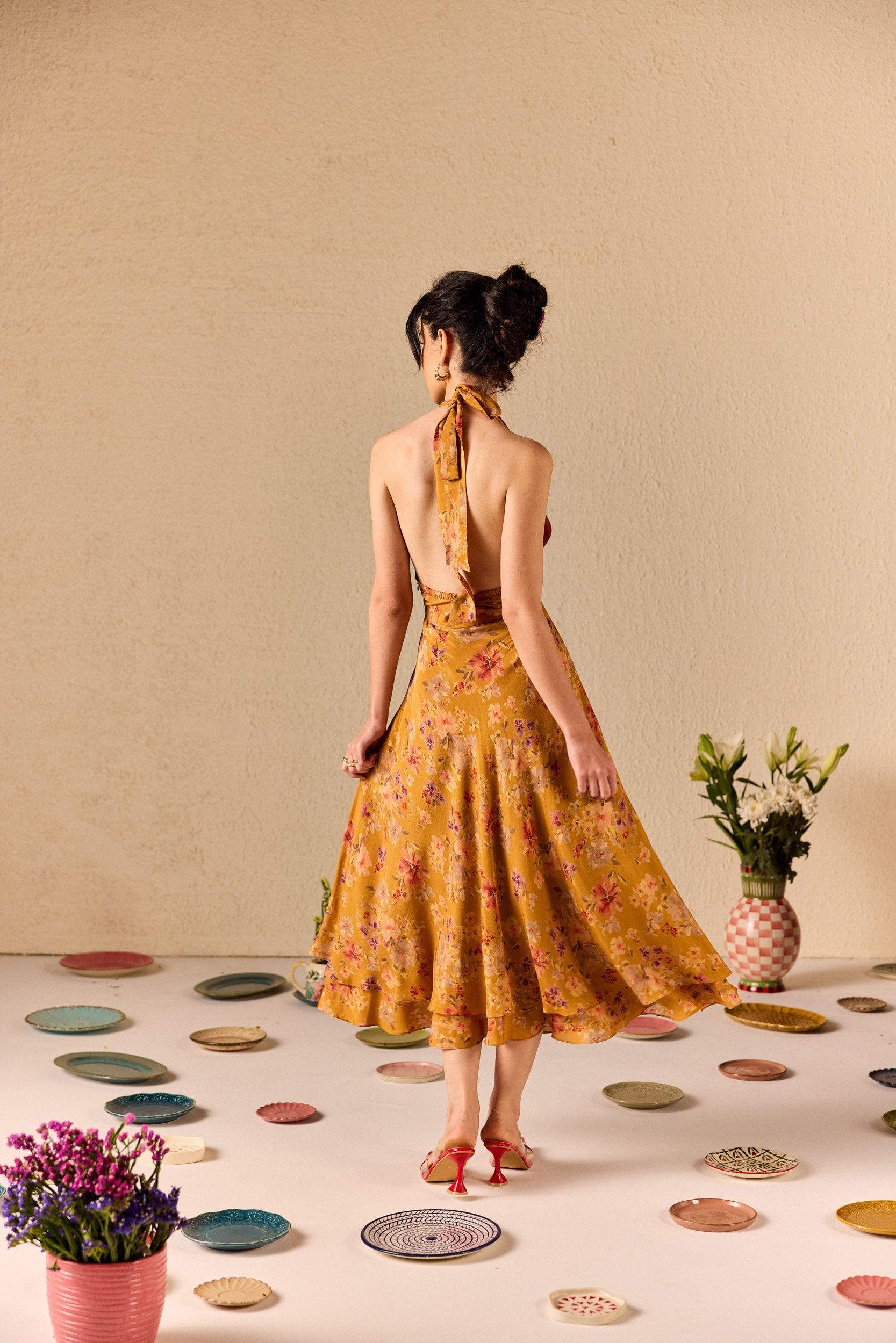 Clio Mustard Floral Halterneck Midi Dress