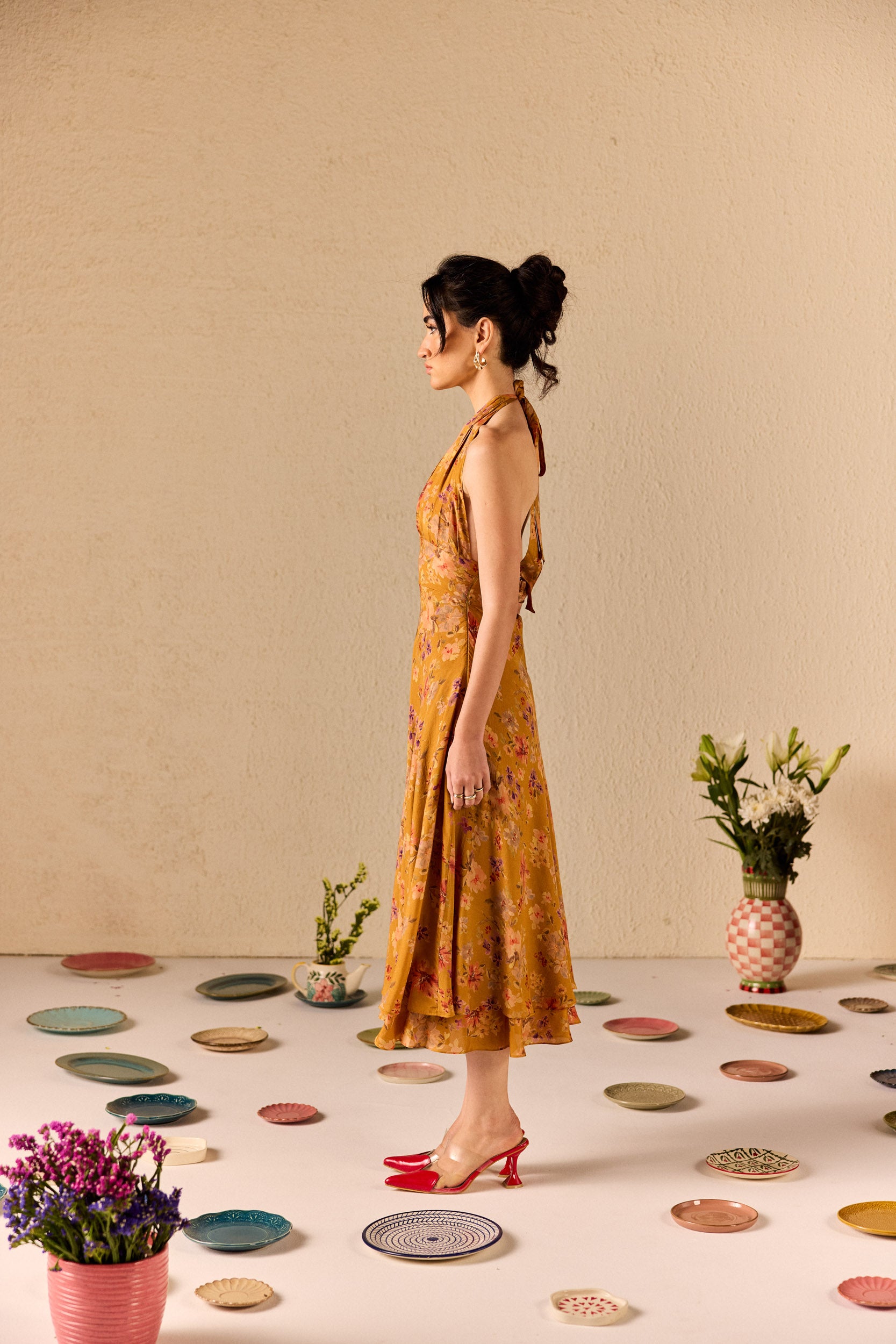 Clio Mustard Floral Halterneck Midi Dress