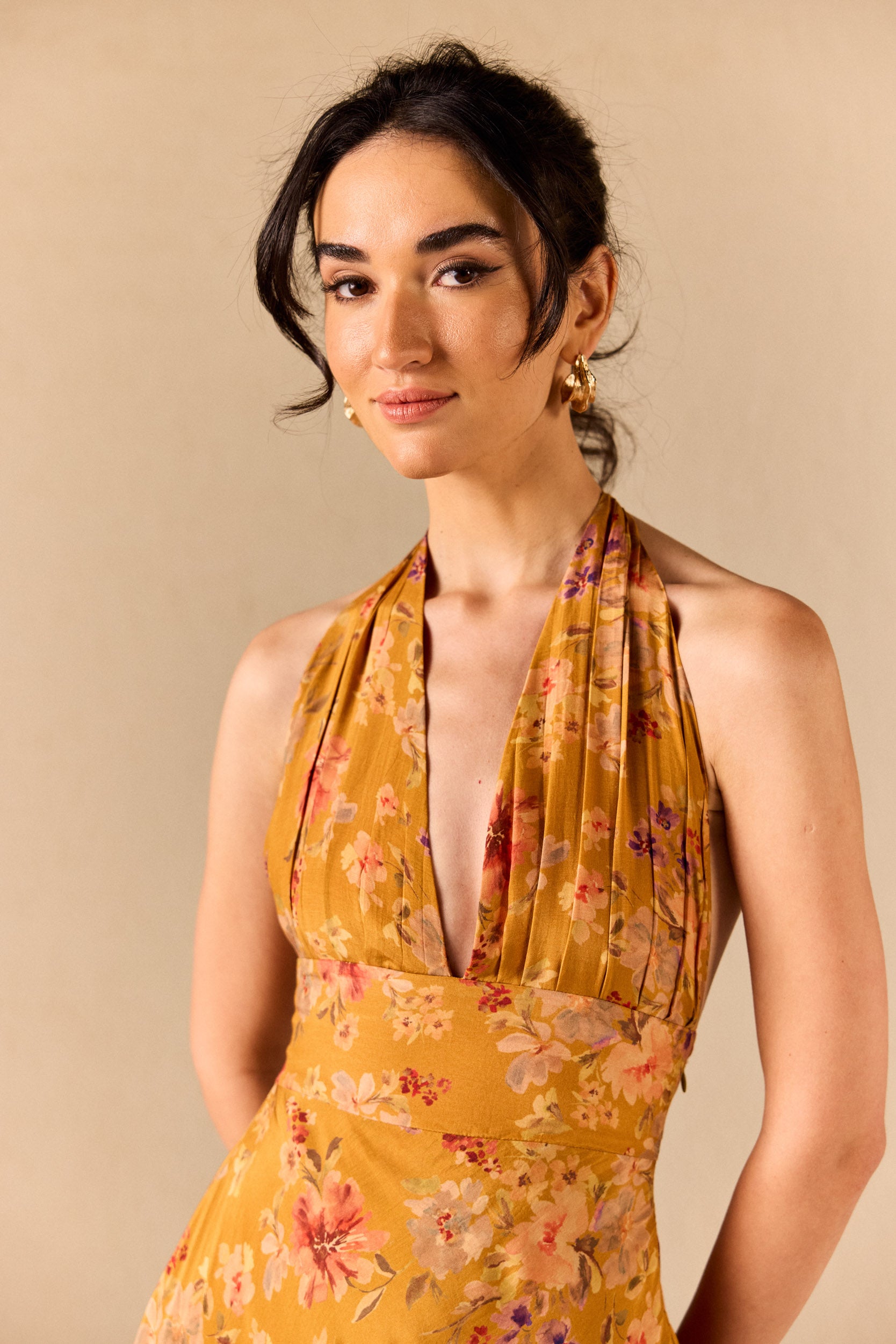Clio Mustard Floral Halterneck Midi Dress