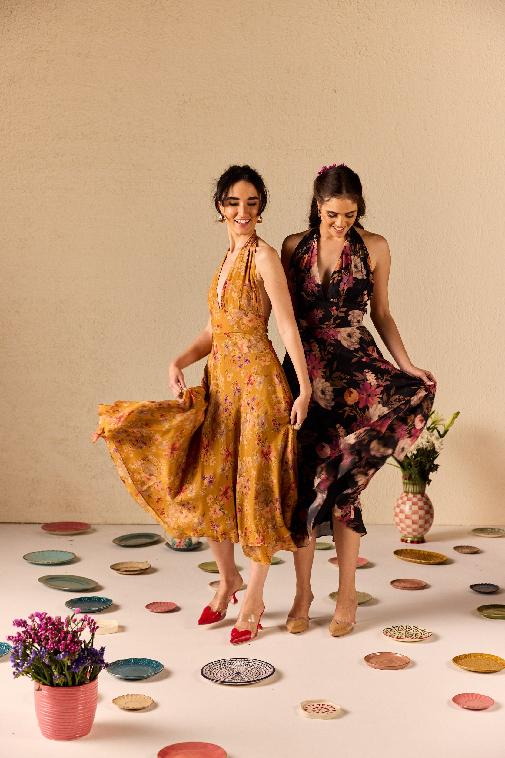 Clio Mustard Floral Halterneck Midi Dress