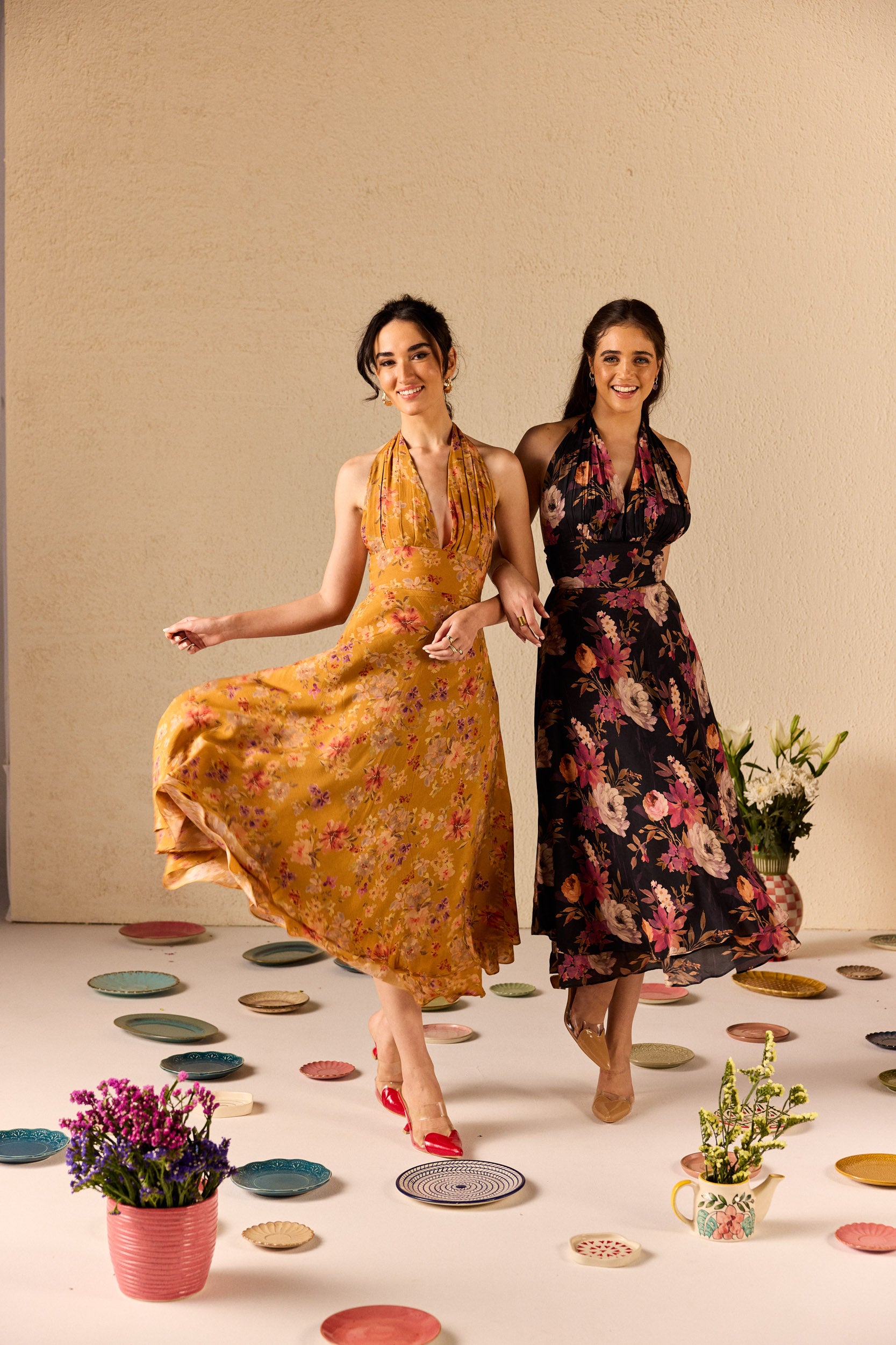 Clio Mustard Floral Halterneck Midi Dress