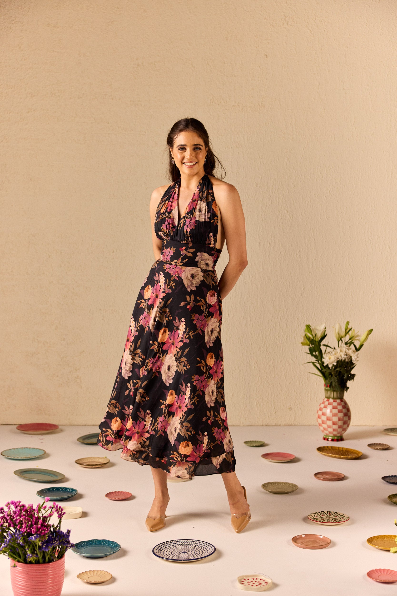 Fable Black Floral Halterneck Midi Dress