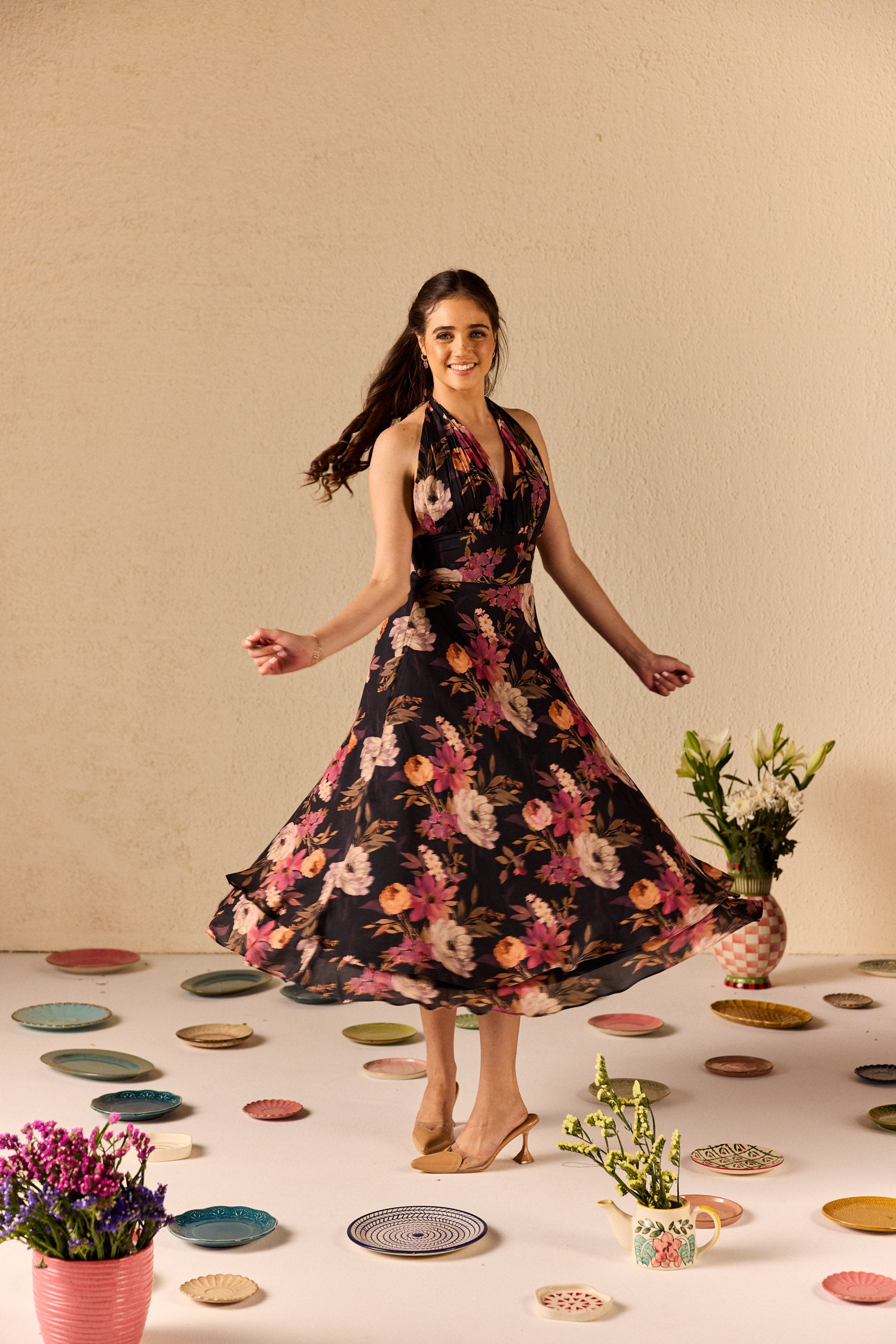 Fable Black Floral Halterneck Midi Dress