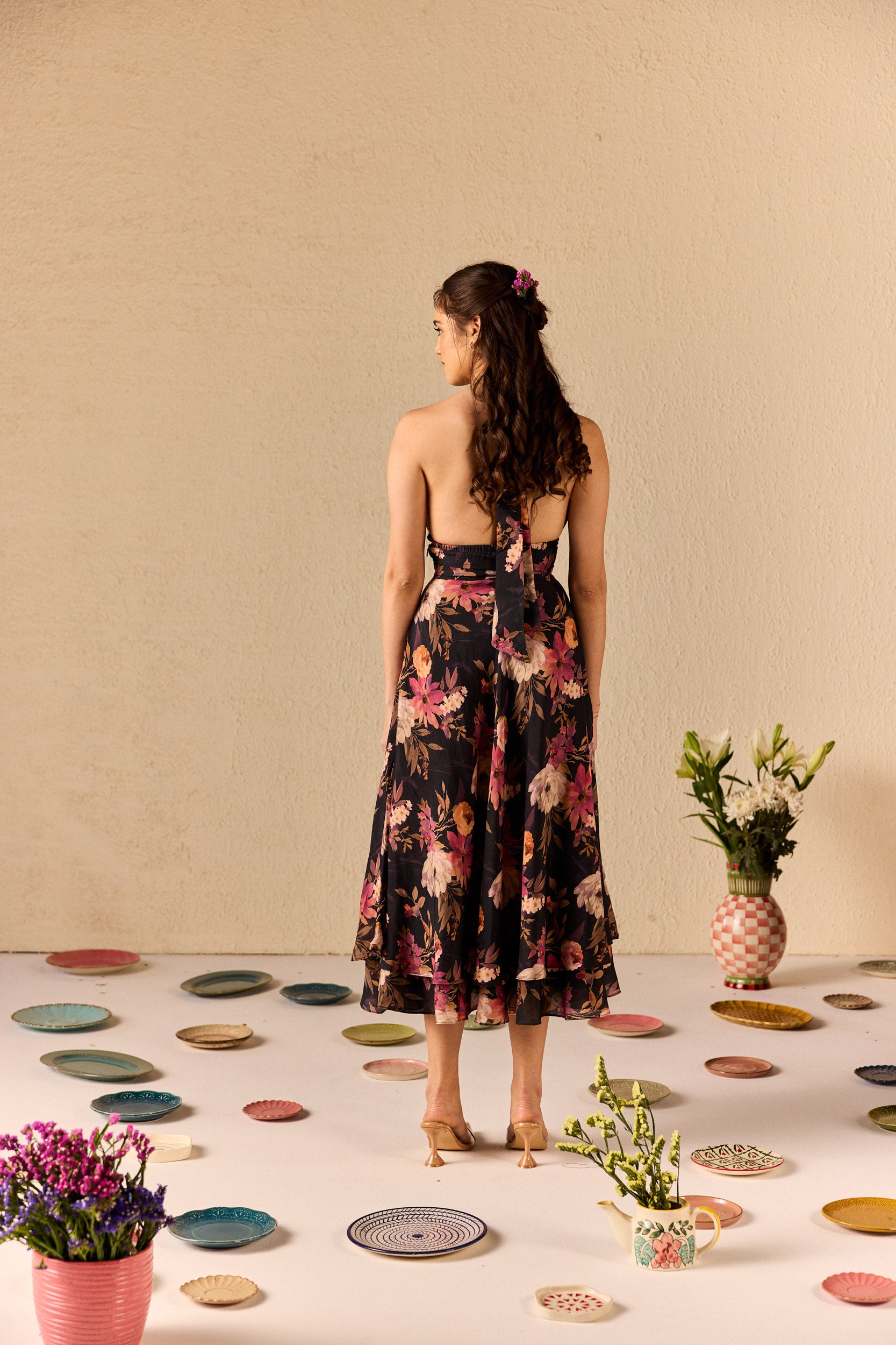 Fable Black Floral Halterneck Midi Dress