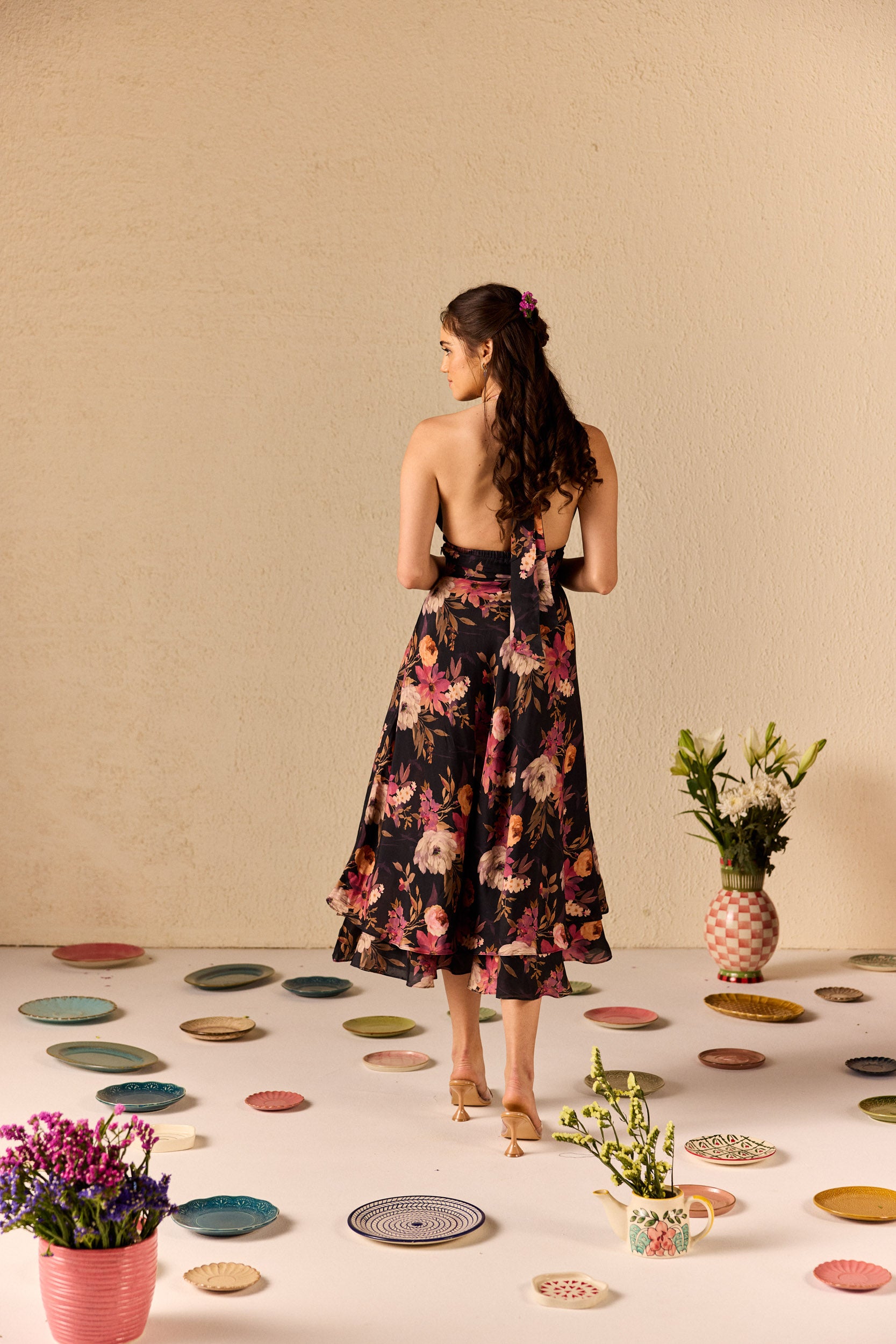 Fable Black Floral Halterneck Midi Dress