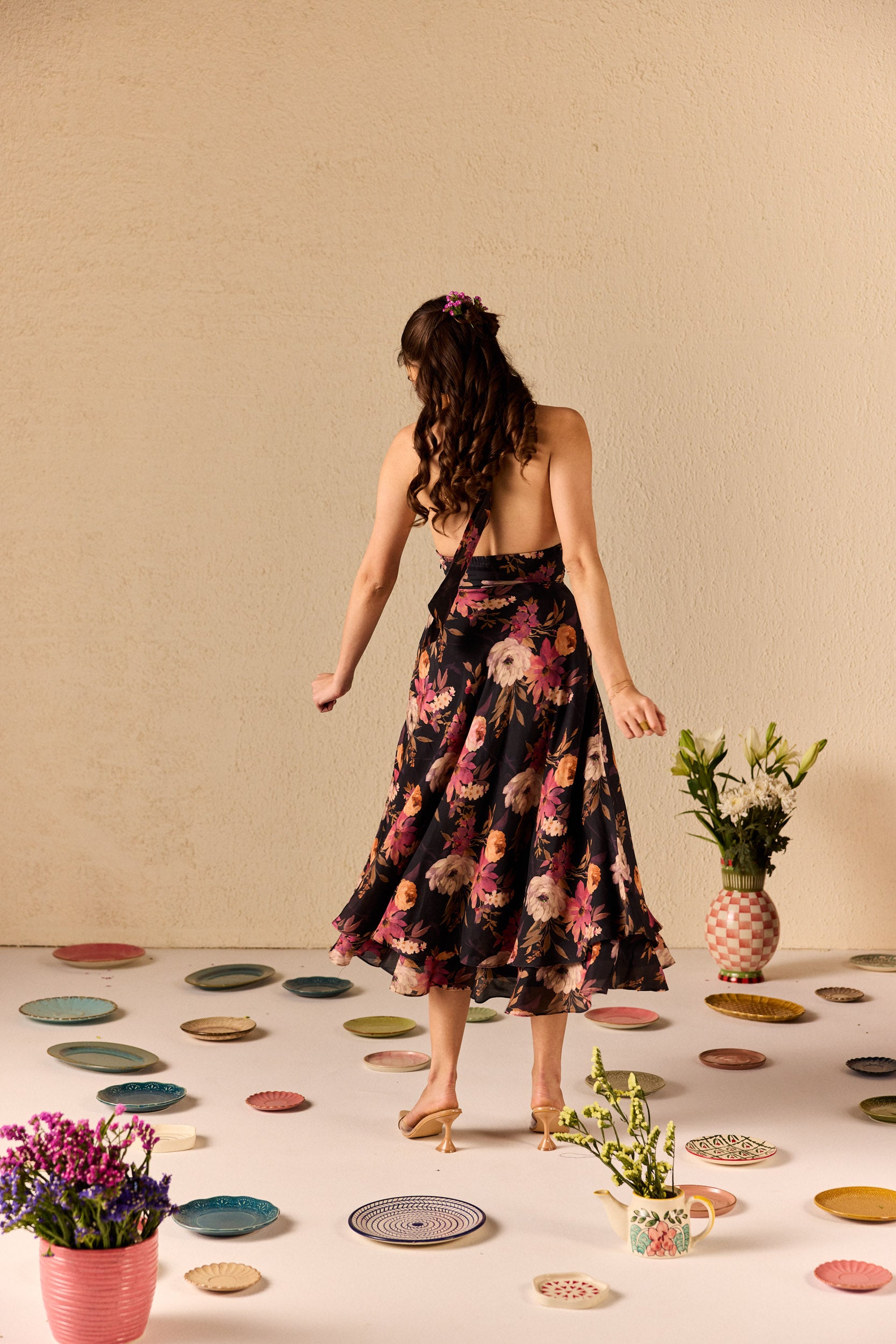 Fable Black Floral Halterneck Midi Dress