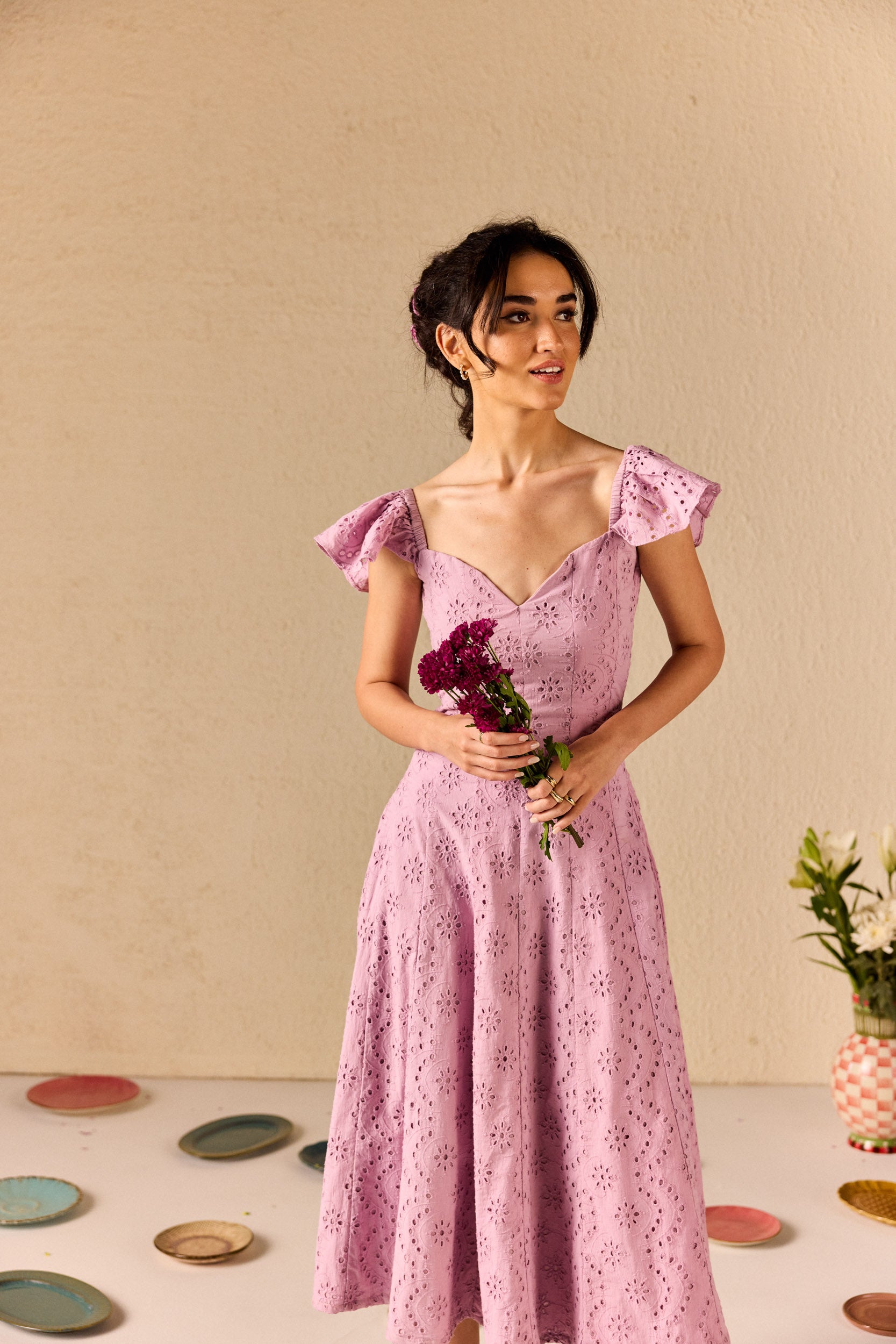 Violetta Lilac Embroidered Schiffli Midi Dress
