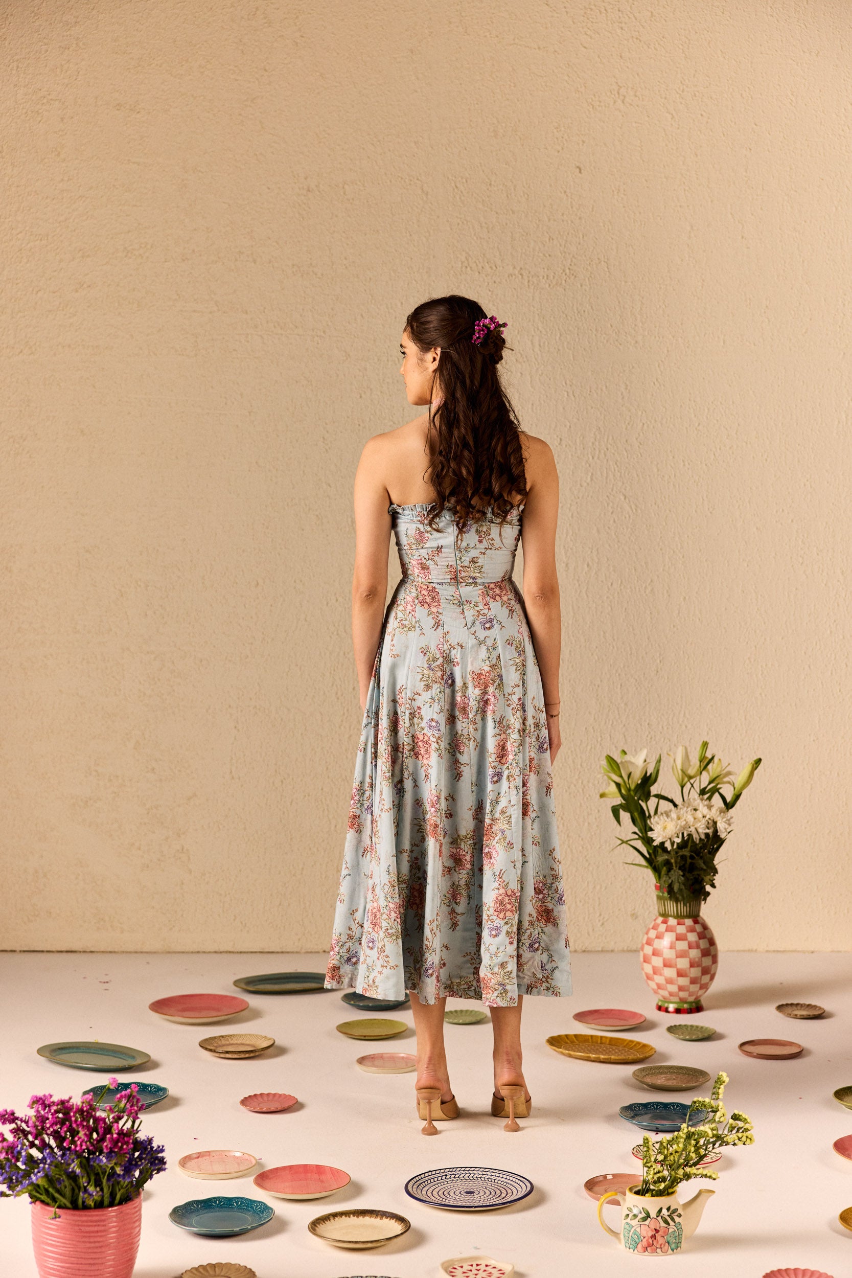 Fiorella Blue Floral Tube Midi Dress