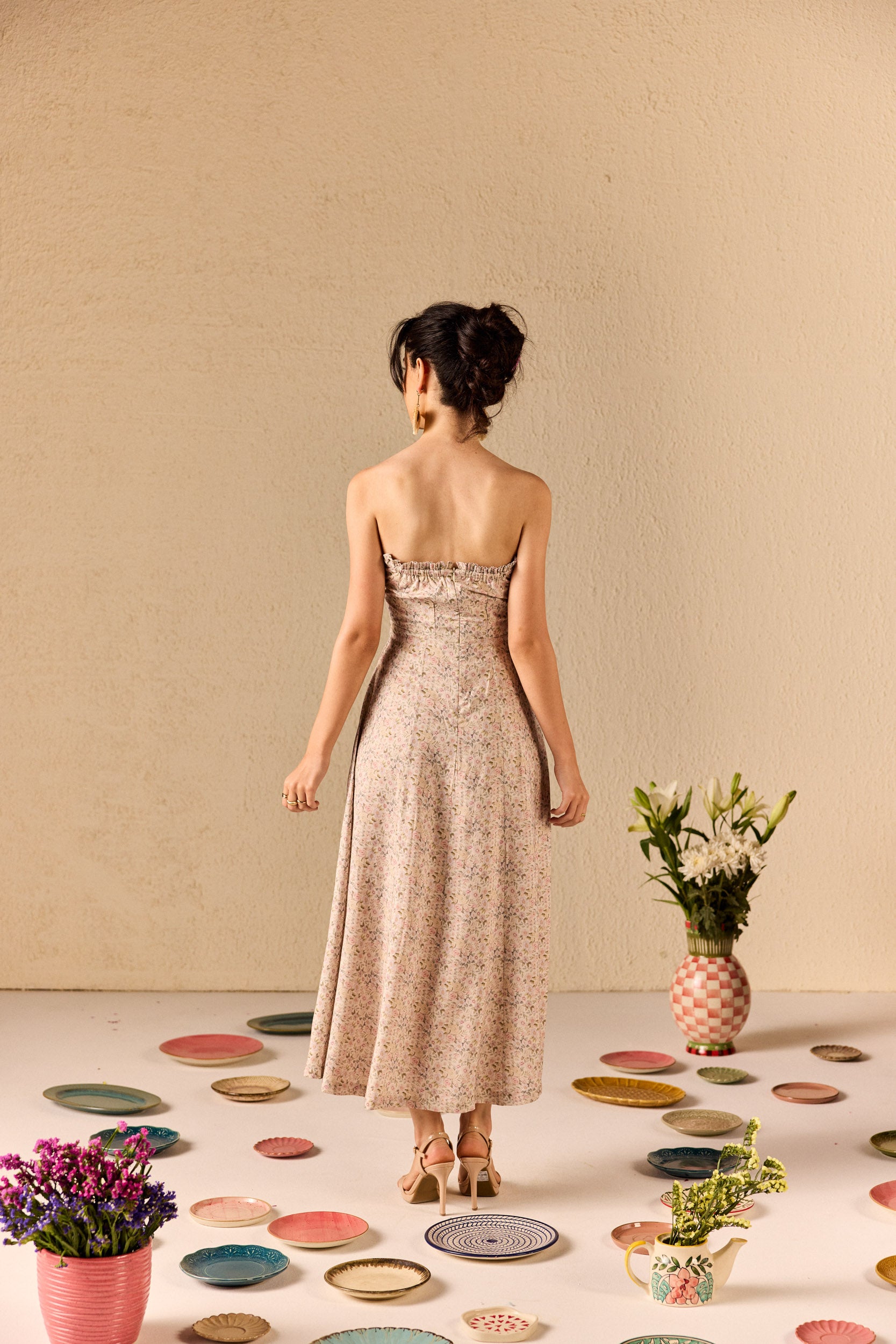 Carina Beige Floral Tube Midi Dress