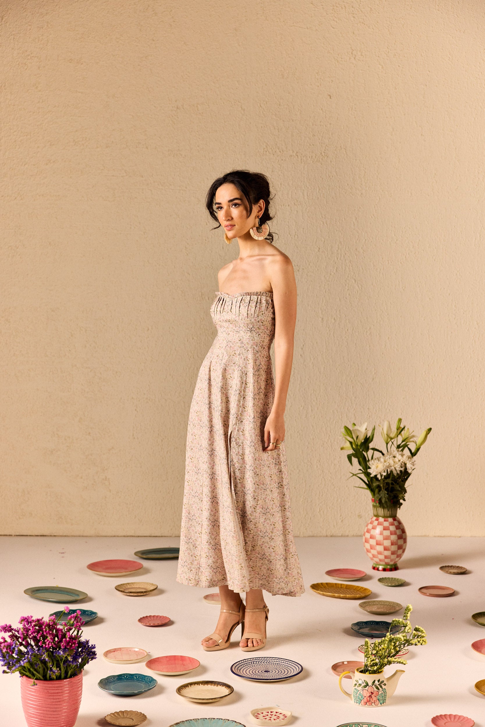 Carina Beige Floral Tube Midi Dress