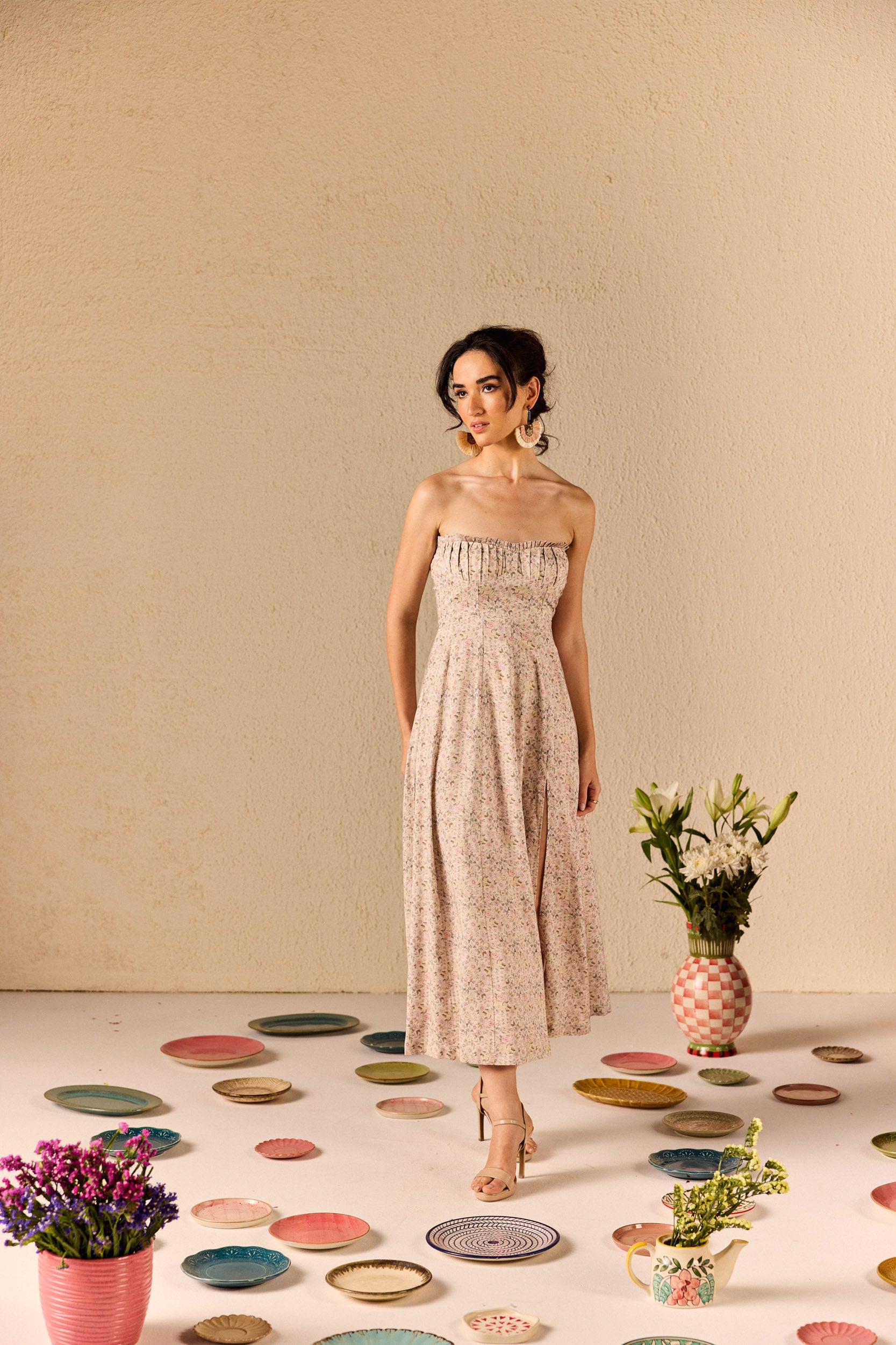 Carina Beige Floral Tube Midi Dress