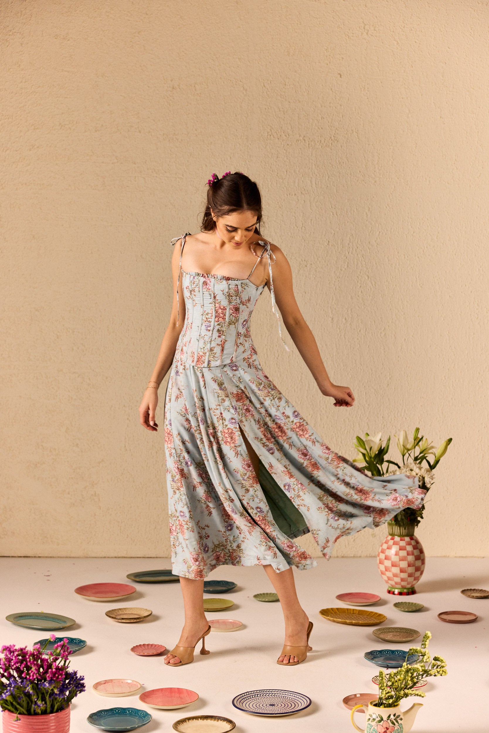 Emily Blue Floral Midi Dress with Corset Jacket