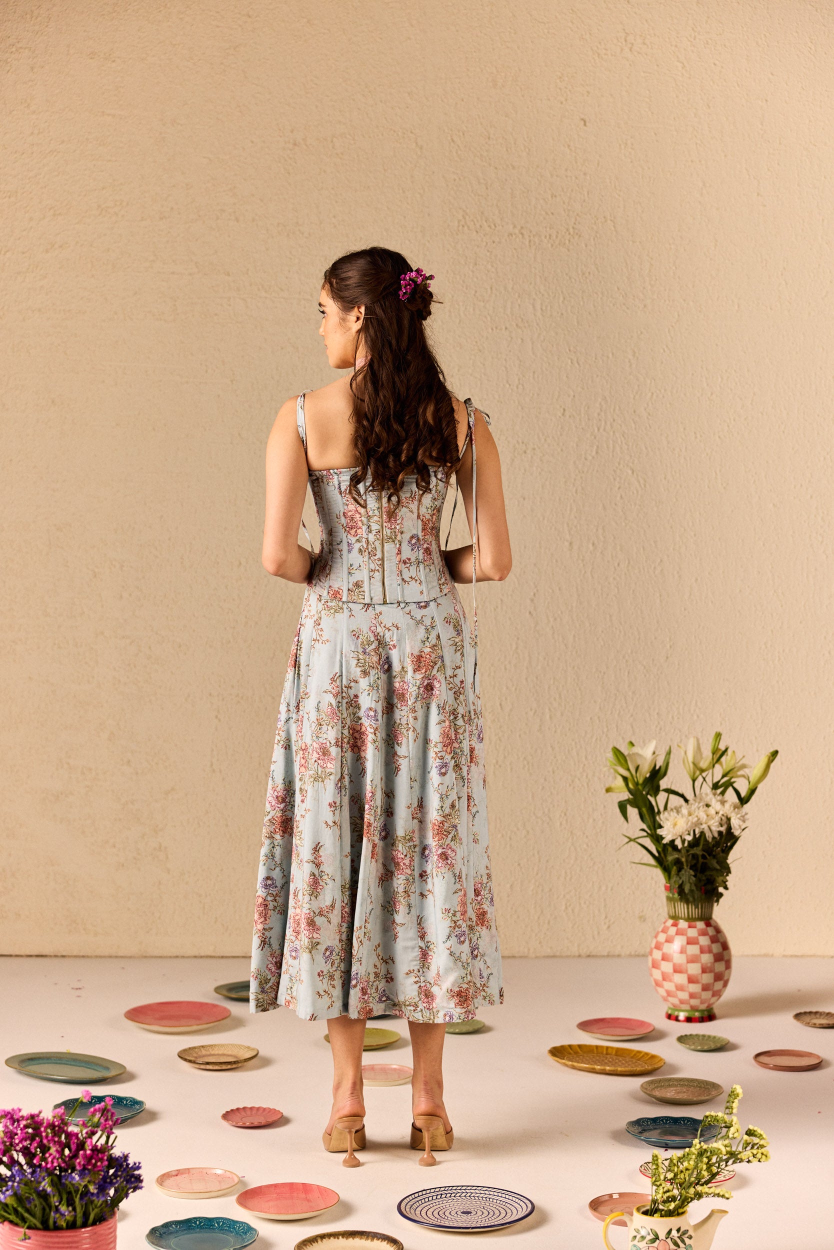 Emily Blue Floral Midi Dress with Corset Jacket