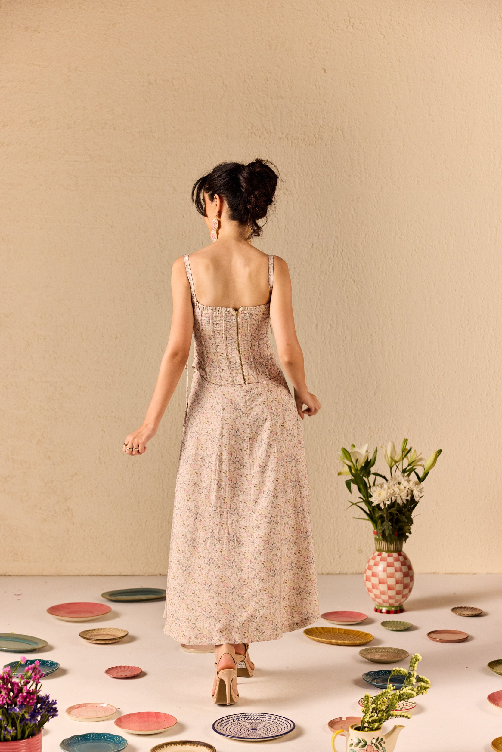 Solenta Beige Floral Drawstring Corset Top