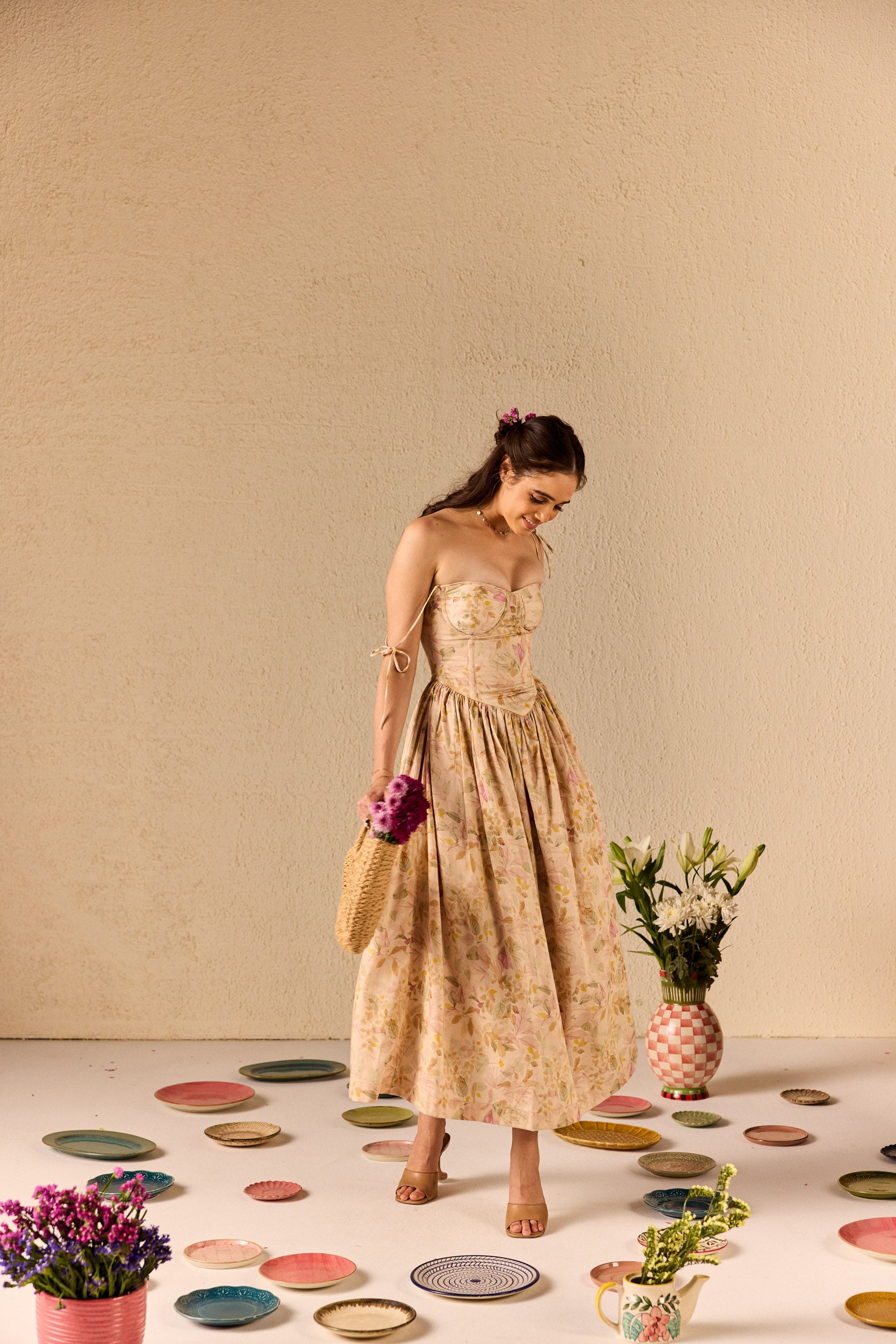 Demi Cream Floral Corset Midi Dress