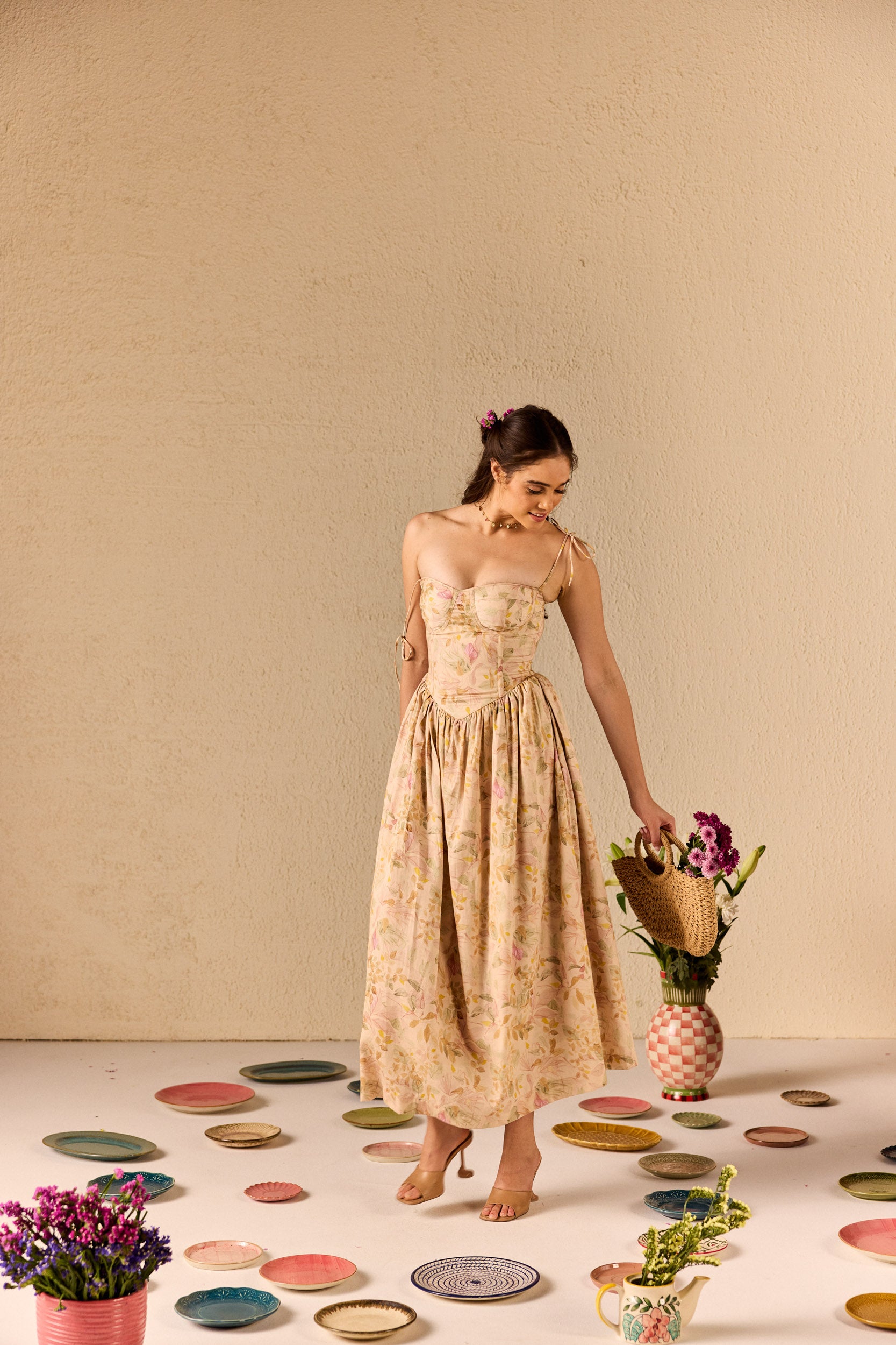 Demi Cream Floral Corset Midi Dress