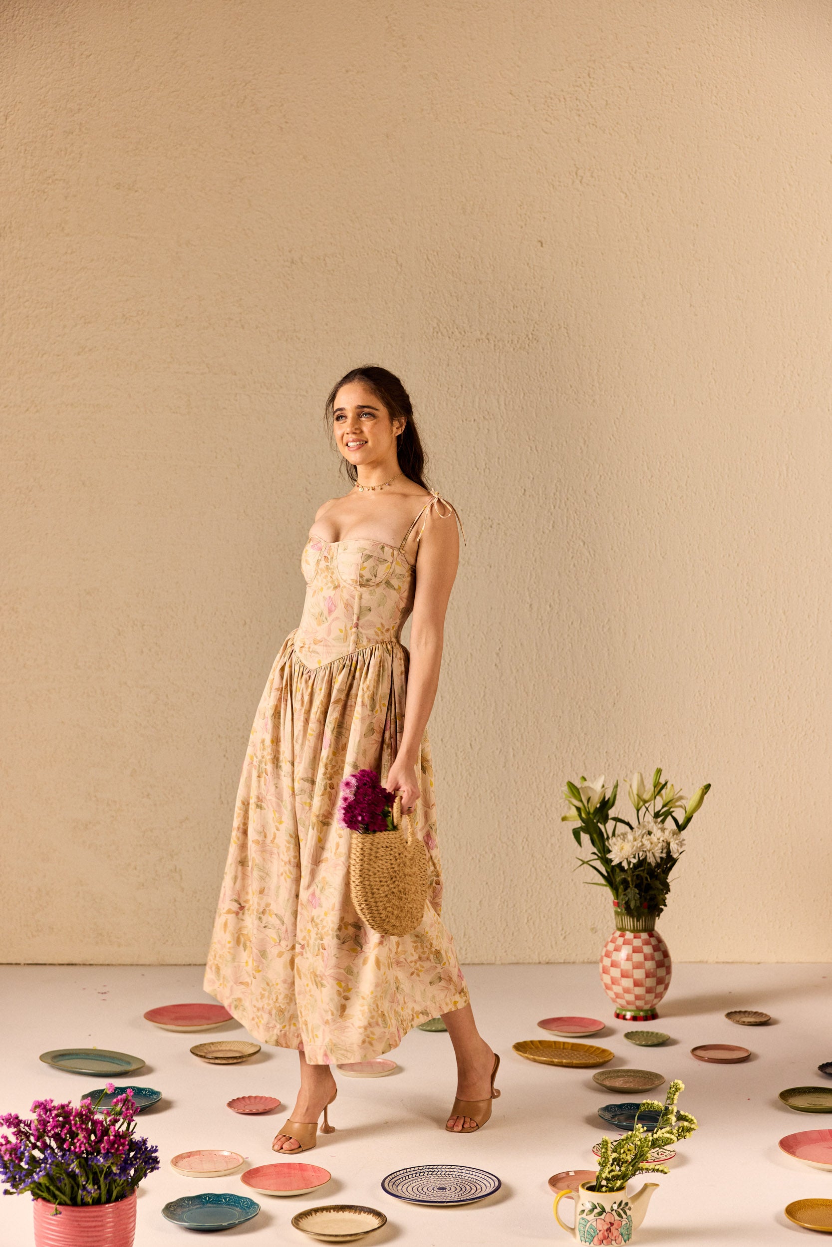 Demi Cream Floral Corset Midi Dress