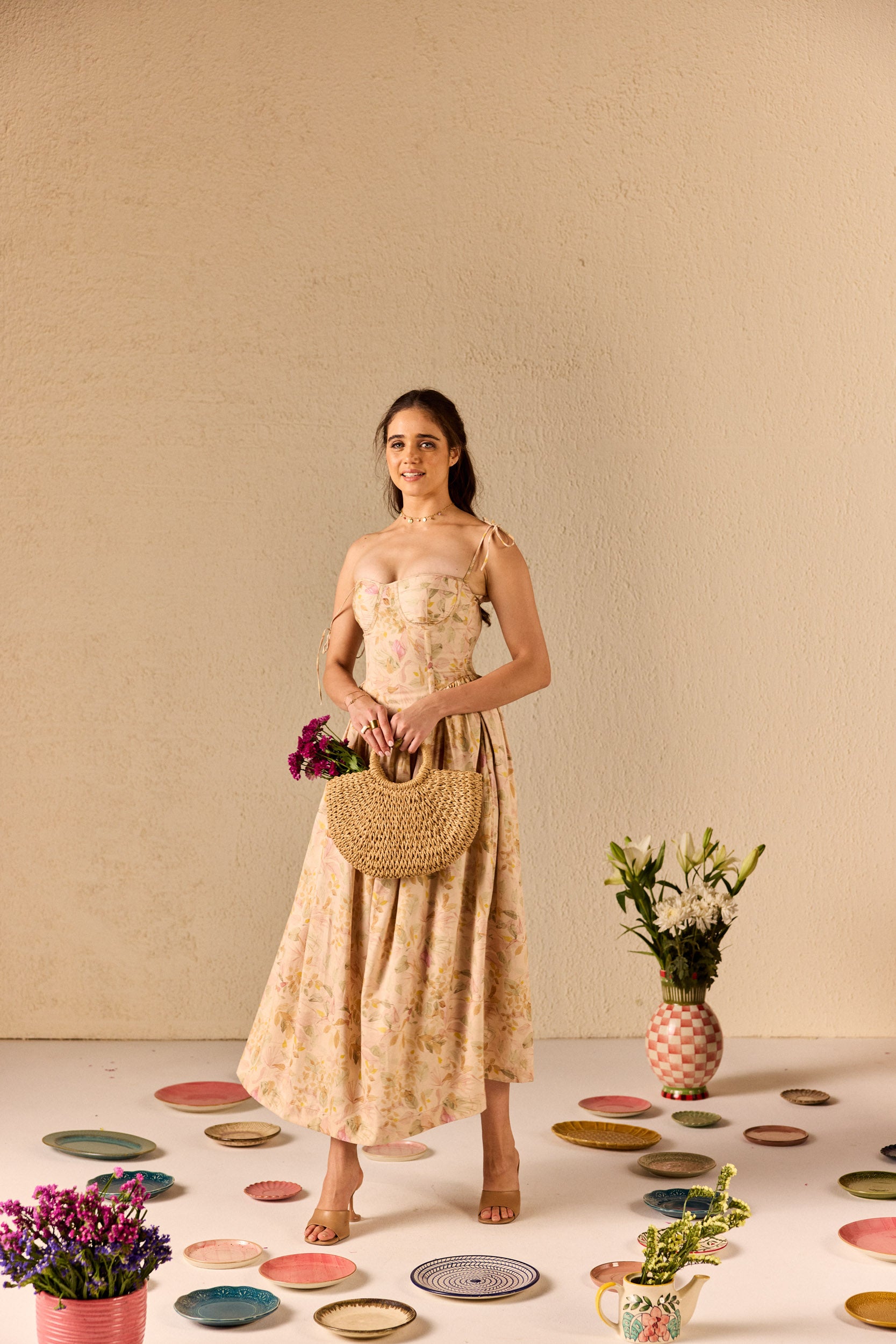 Demi Cream Floral Corset Midi Dress