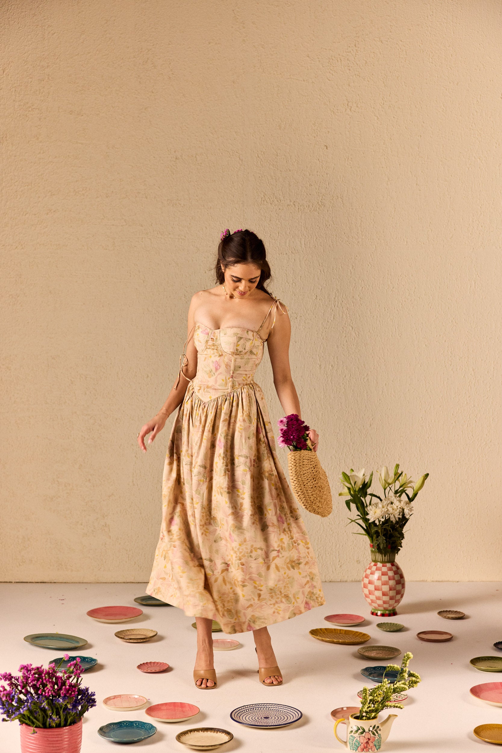 Demi Cream Floral Corset Midi Dress