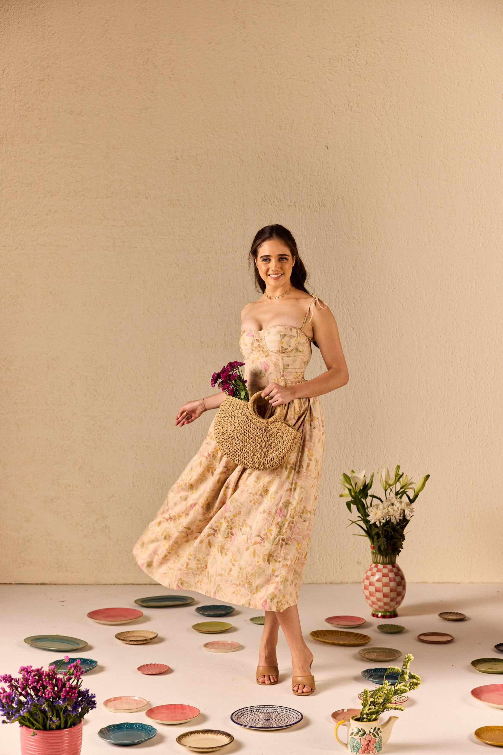Demi Cream Floral Corset Midi Dress