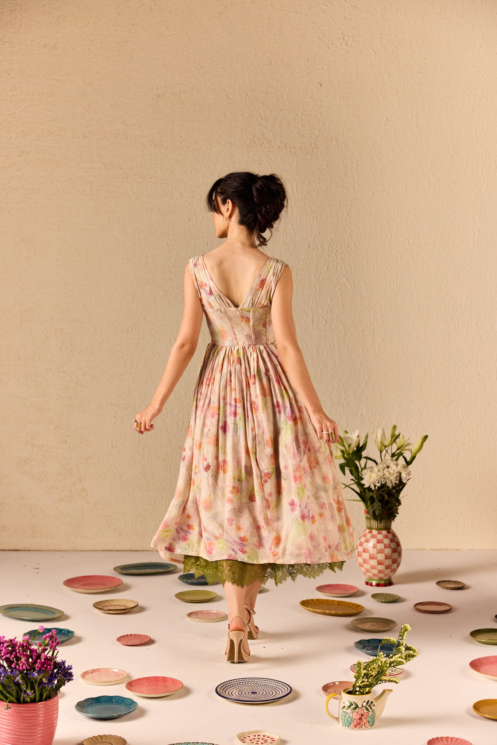 Alba Beige Muslin Floral Corset Midi Dress