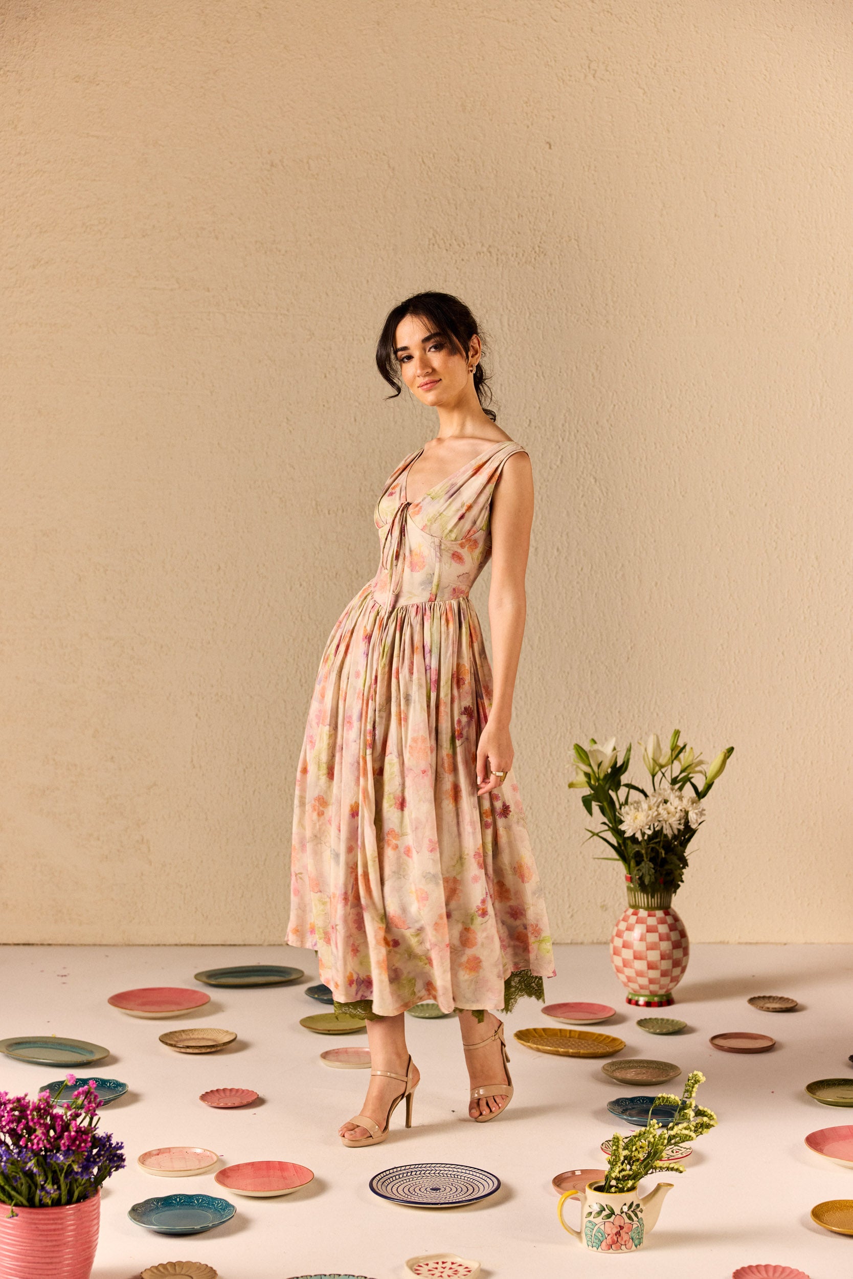 Alba Beige Muslin Floral Corset Midi Dress