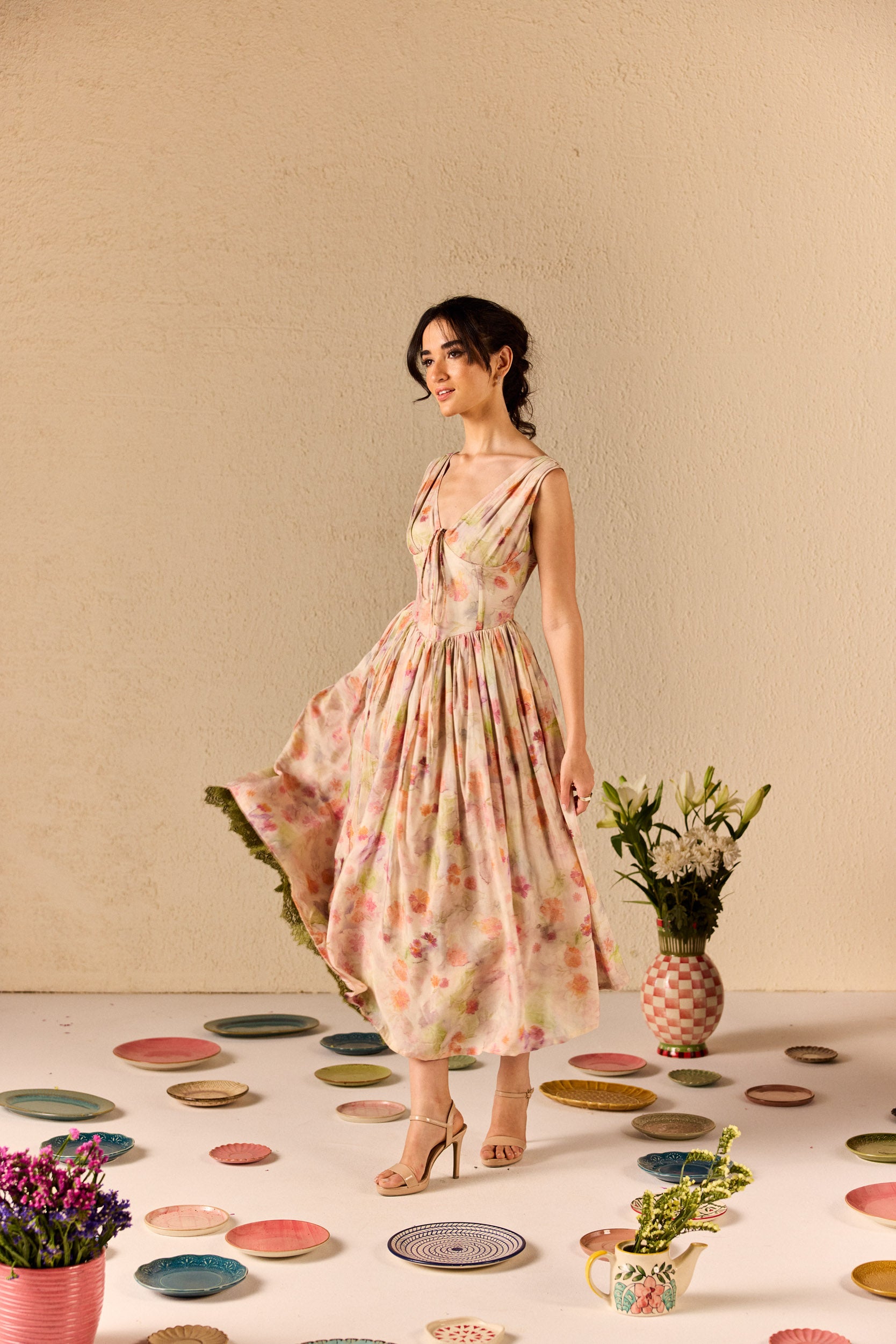 Alba Beige Muslin Floral Corset Midi Dress