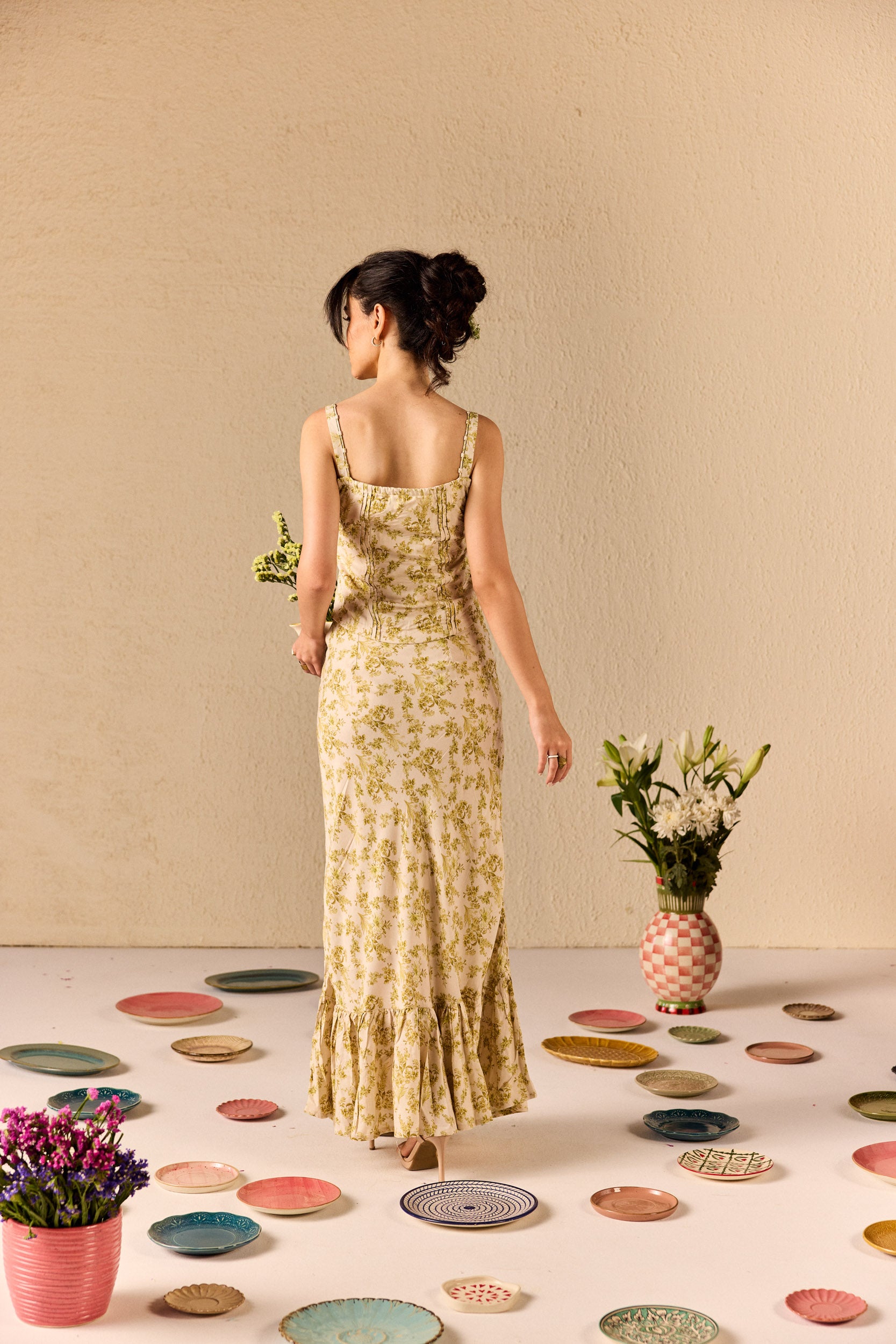 Esme Cream & Green Cotton Floral Maxi Skirt