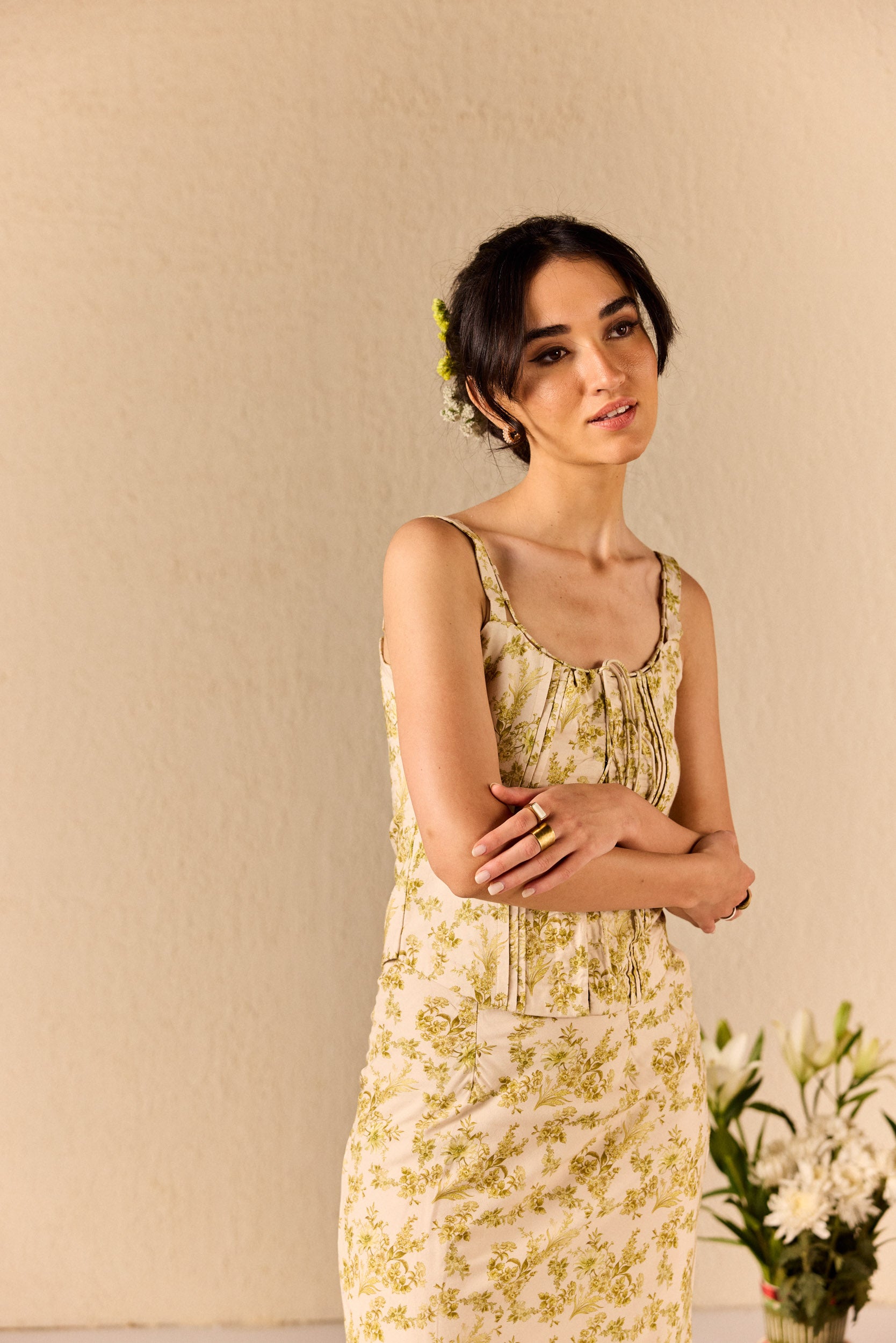 Sierra Cream & Green Cotton Floral Top & Maxi Skirt Set