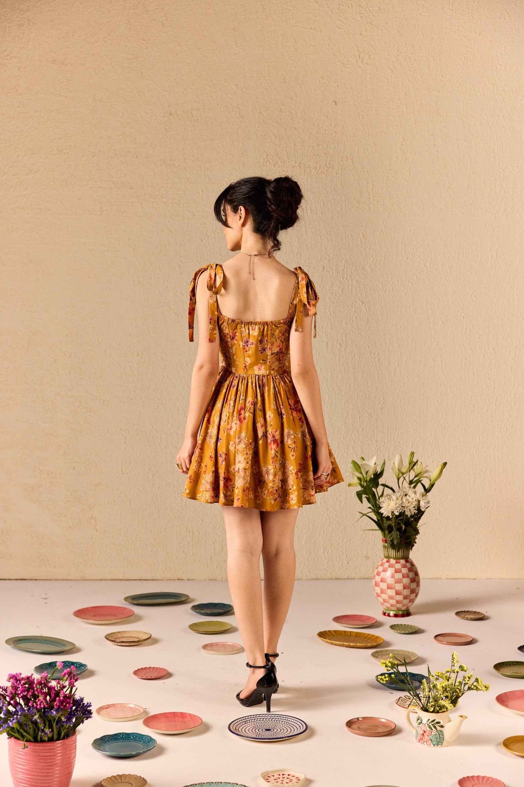Isola Mustard Floral Babydoll Mini Dress