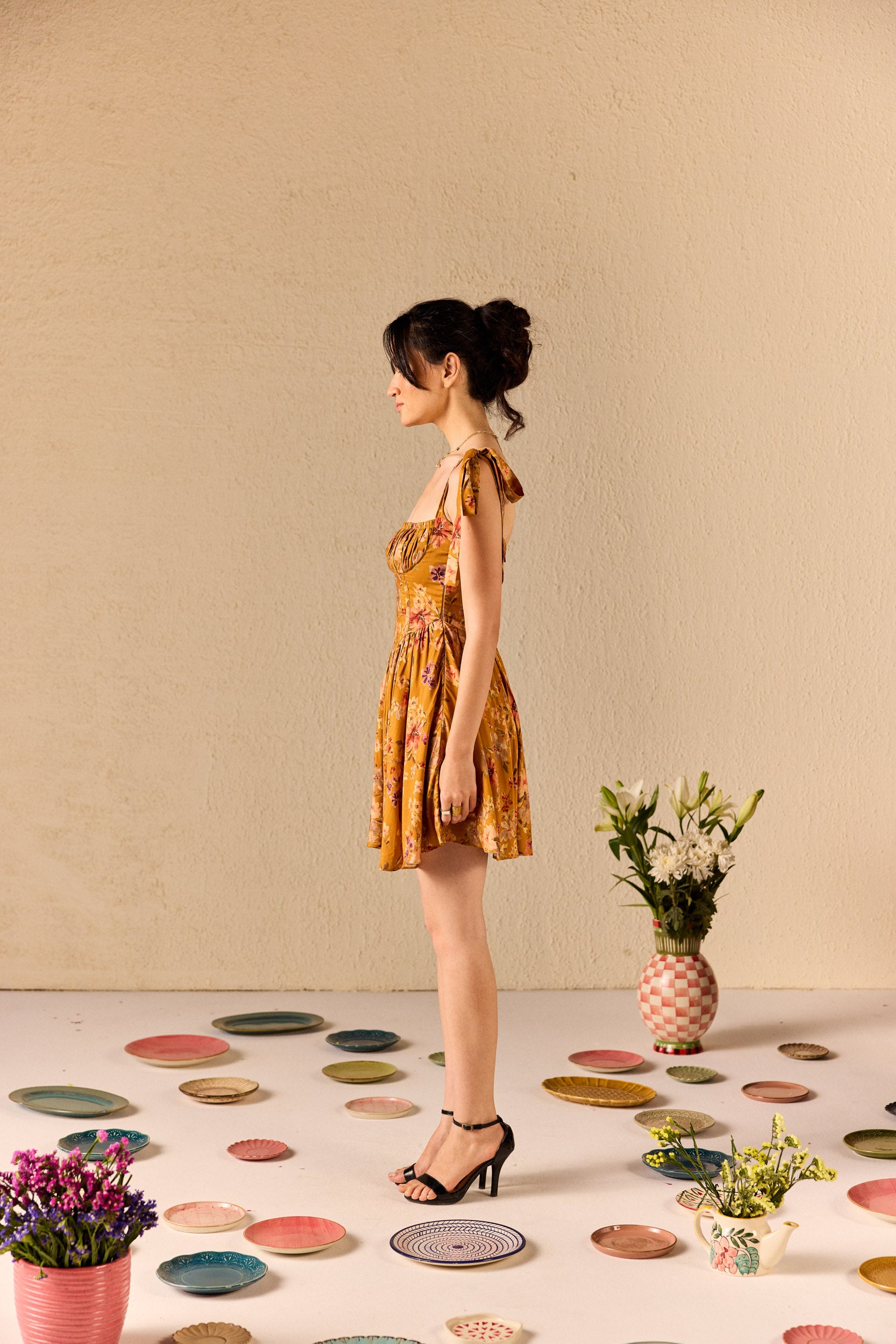 Isola Mustard Floral Babydoll Mini Dress