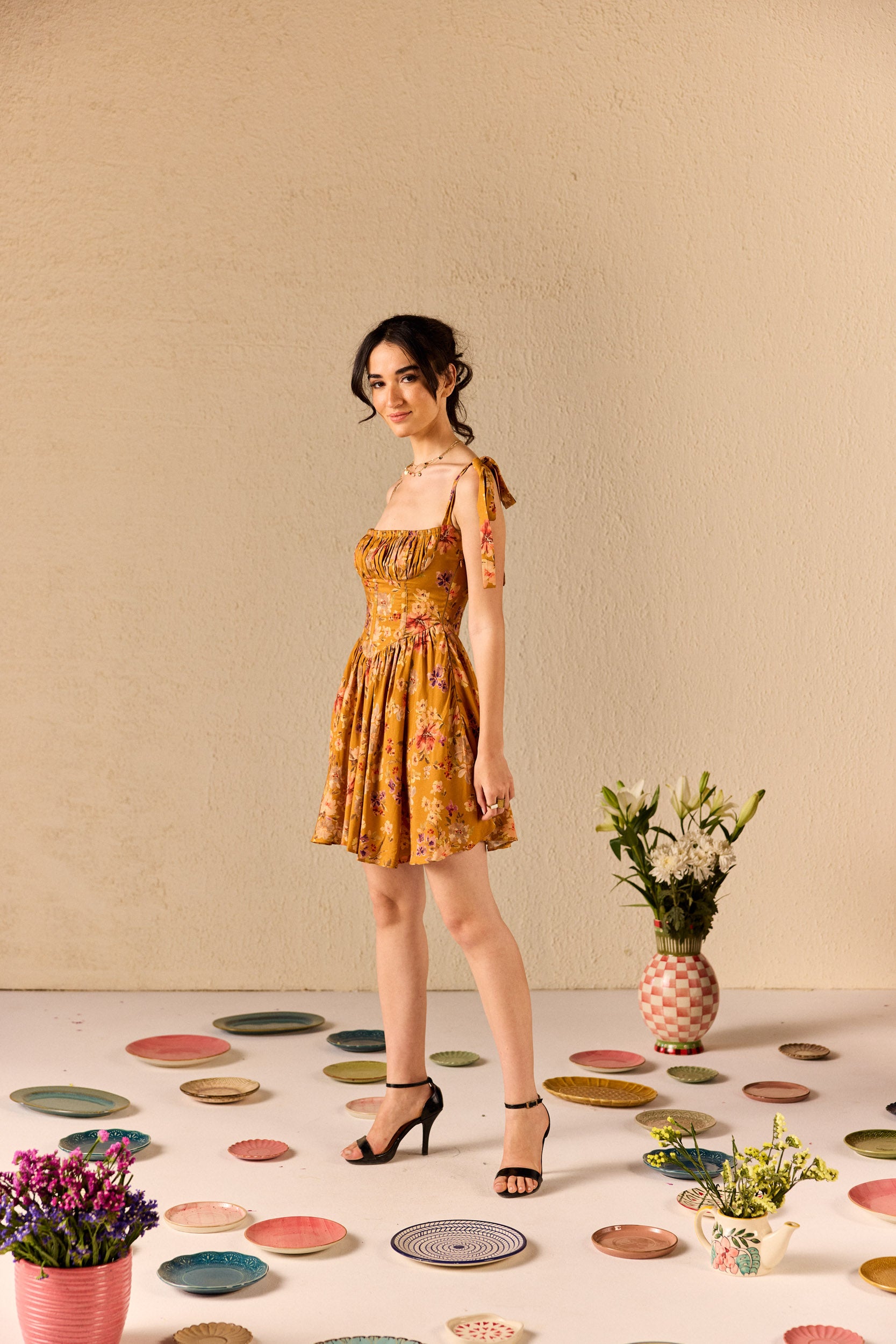 Isola Mustard Floral Babydoll Mini Dress
