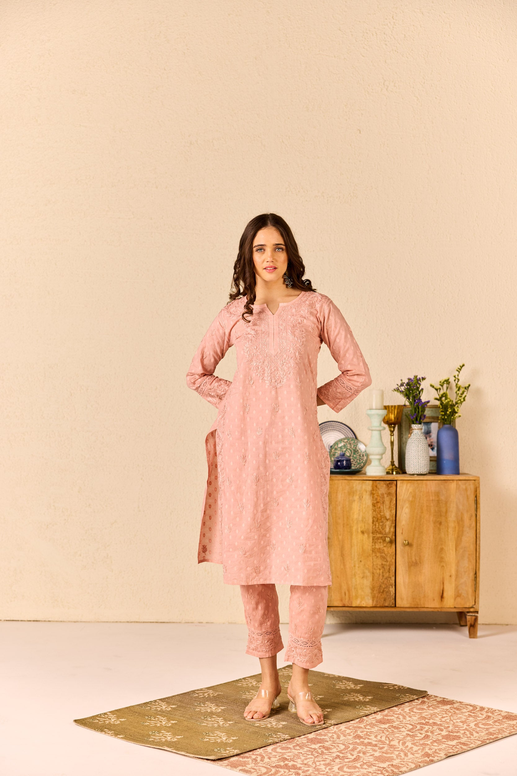 Zimal Dusty Pink Cotton Hand Embroidered Chikankari Kurta & Pant Set