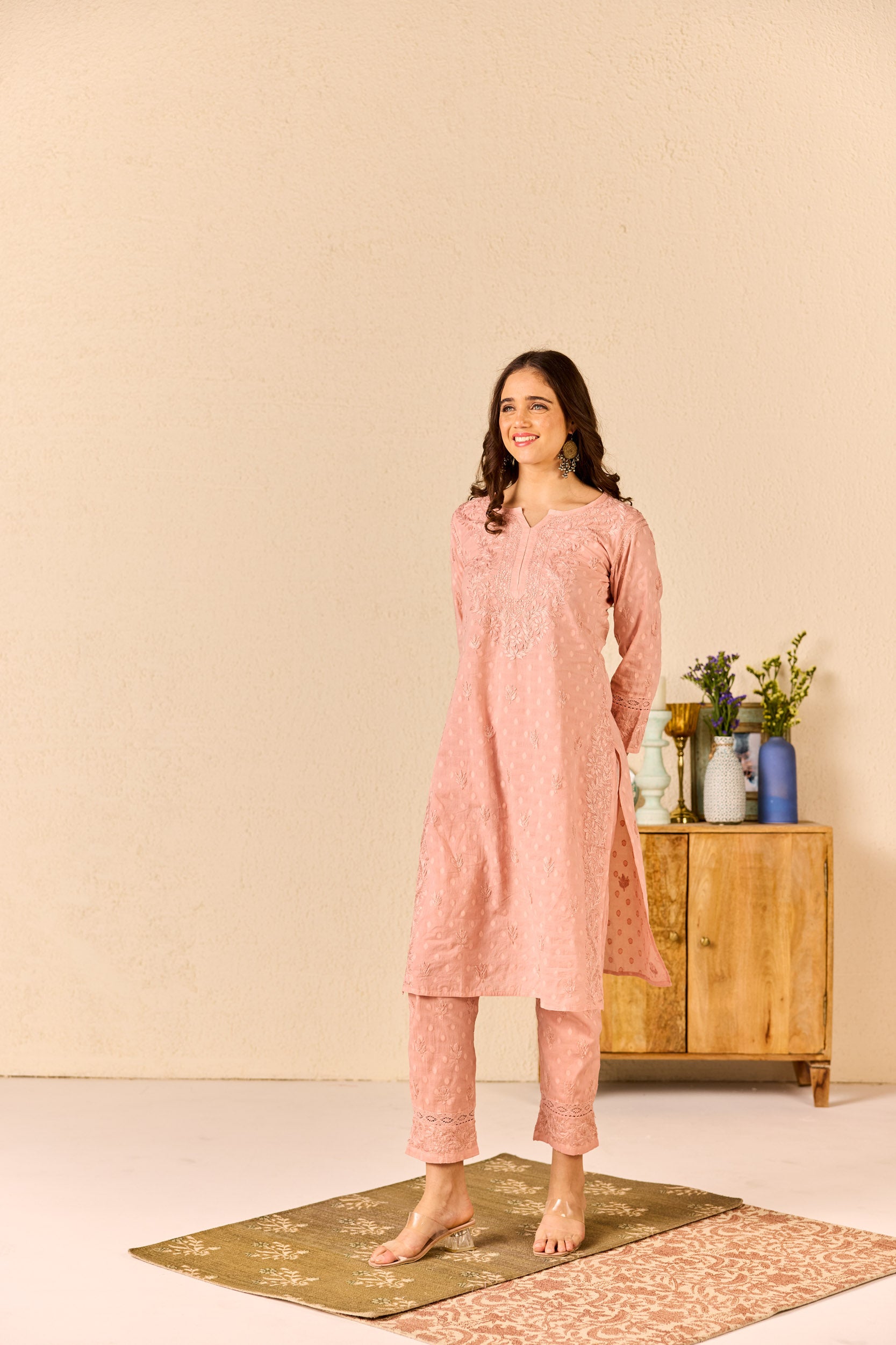 Zimal Dusty Pink Cotton Hand Embroidered Chikankari Kurta & Pant Set