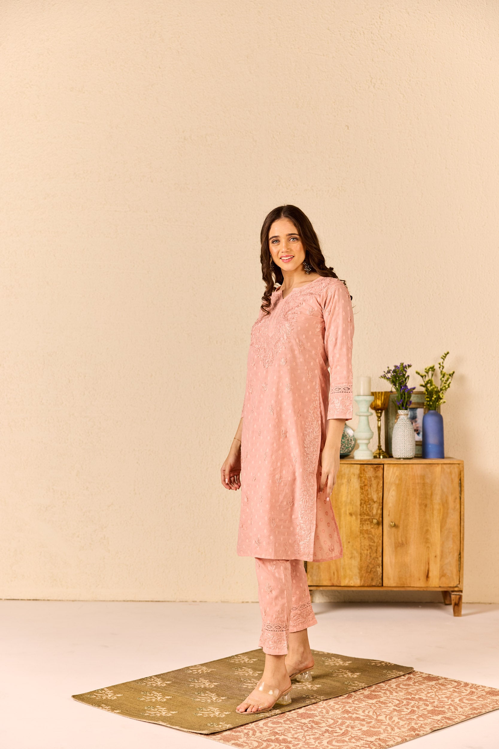 Zimal Dusty Pink Cotton Hand Embroidered Chikankari Kurta & Pant Set
