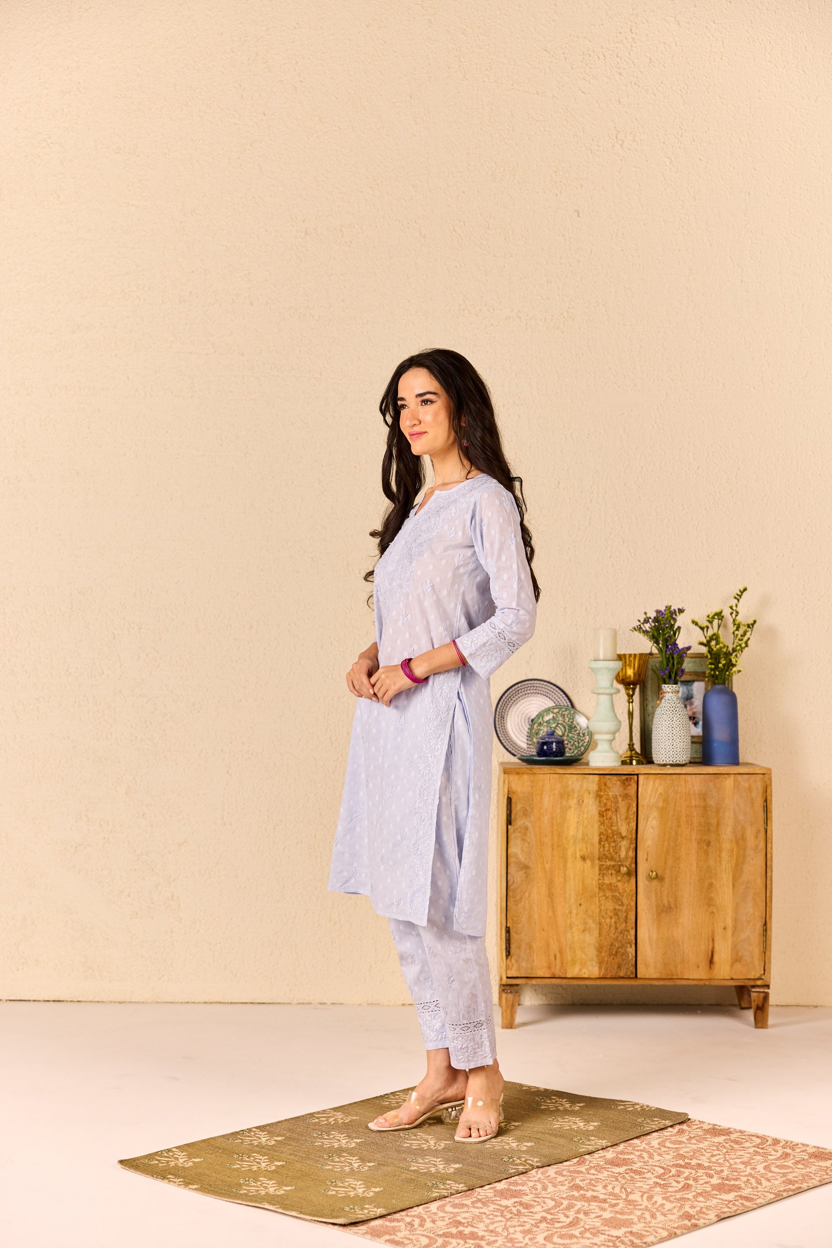 Suhana Powder Blue Cotton Hand Embroidered Chikankari Kurta & Pant Set
