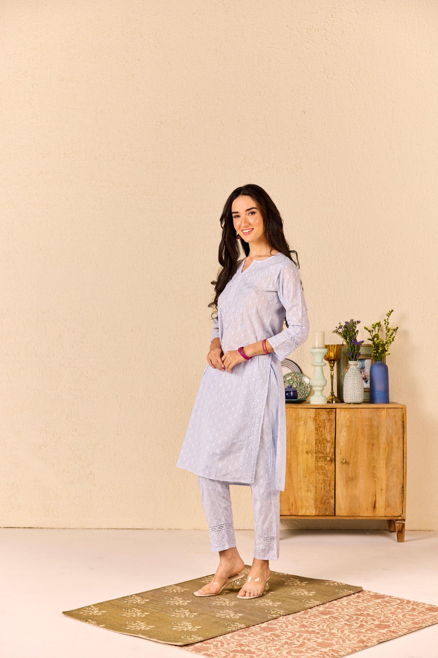 Suhana Powder Blue Cotton Hand Embroidered Chikankari Kurta & Pant Set