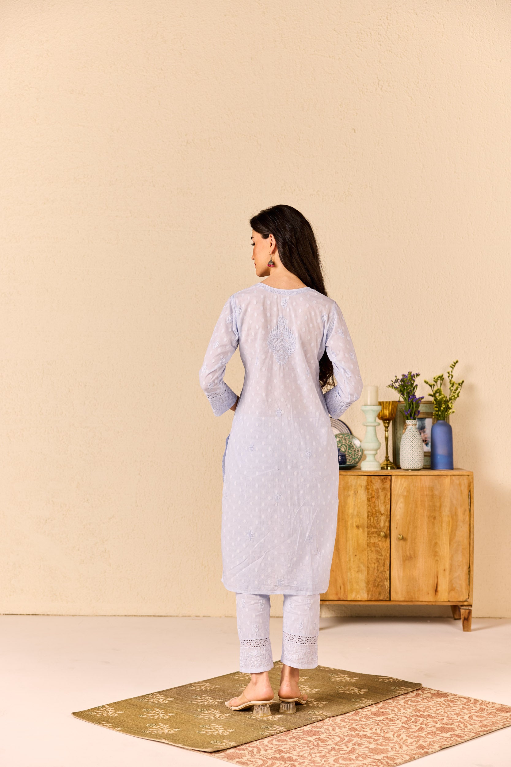 Suhana Powder Blue Cotton Hand Embroidered Chikankari Kurta & Pant Set