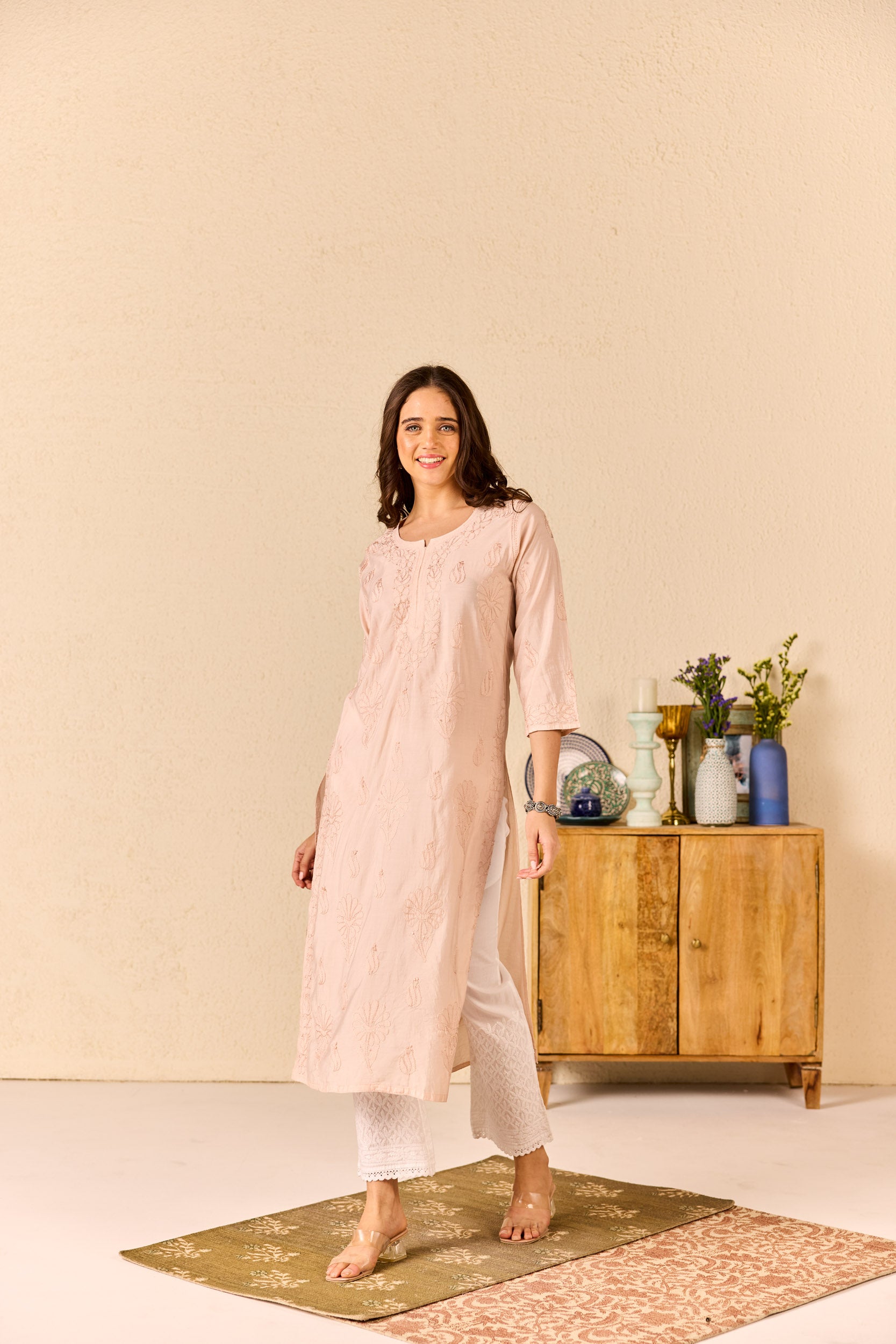 Riwaaz Nude Pink Chanderi Hand Embroidered Chikankari Kurta