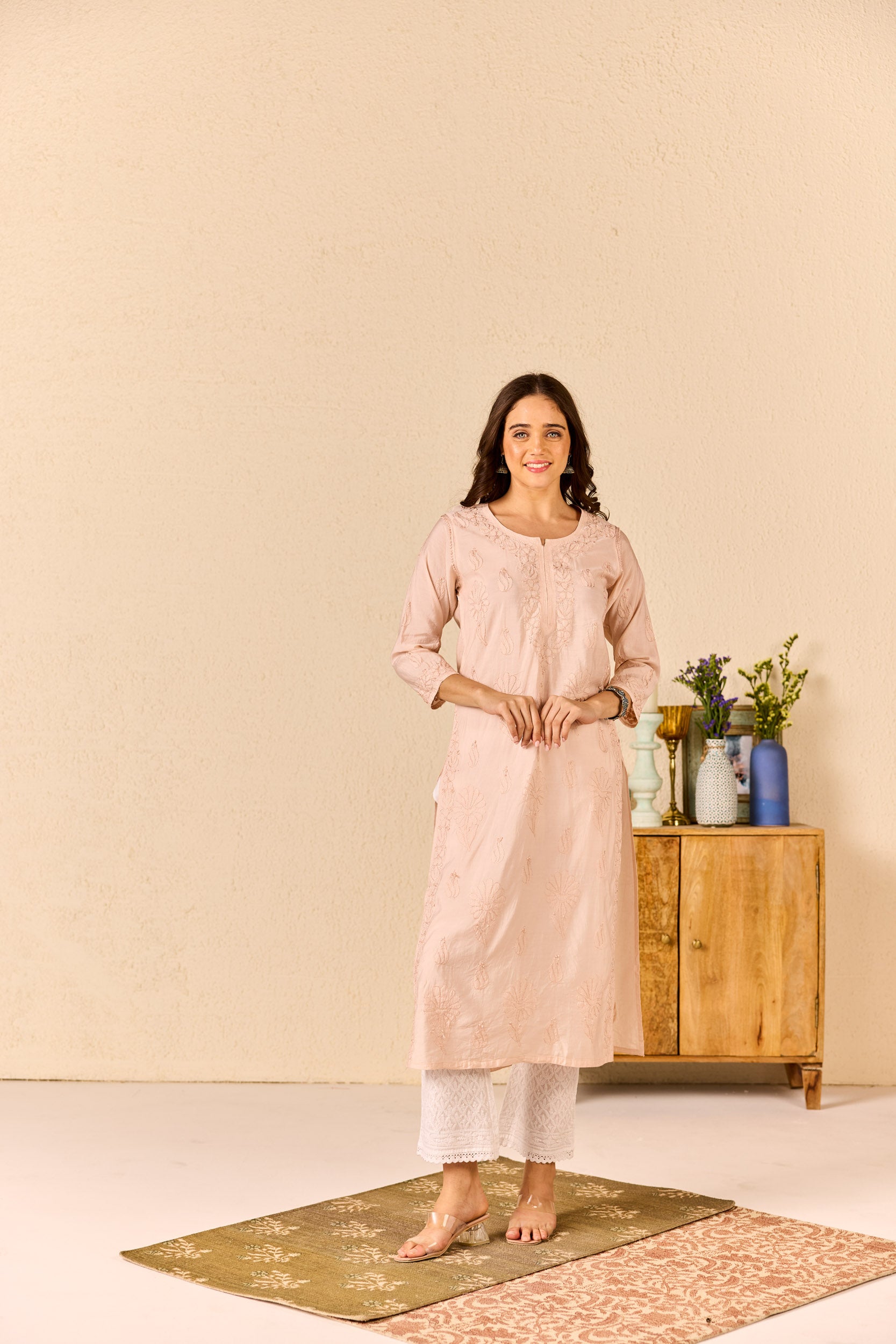 Riwaaz Nude Pink Chanderi Hand Embroidered Chikankari Kurta