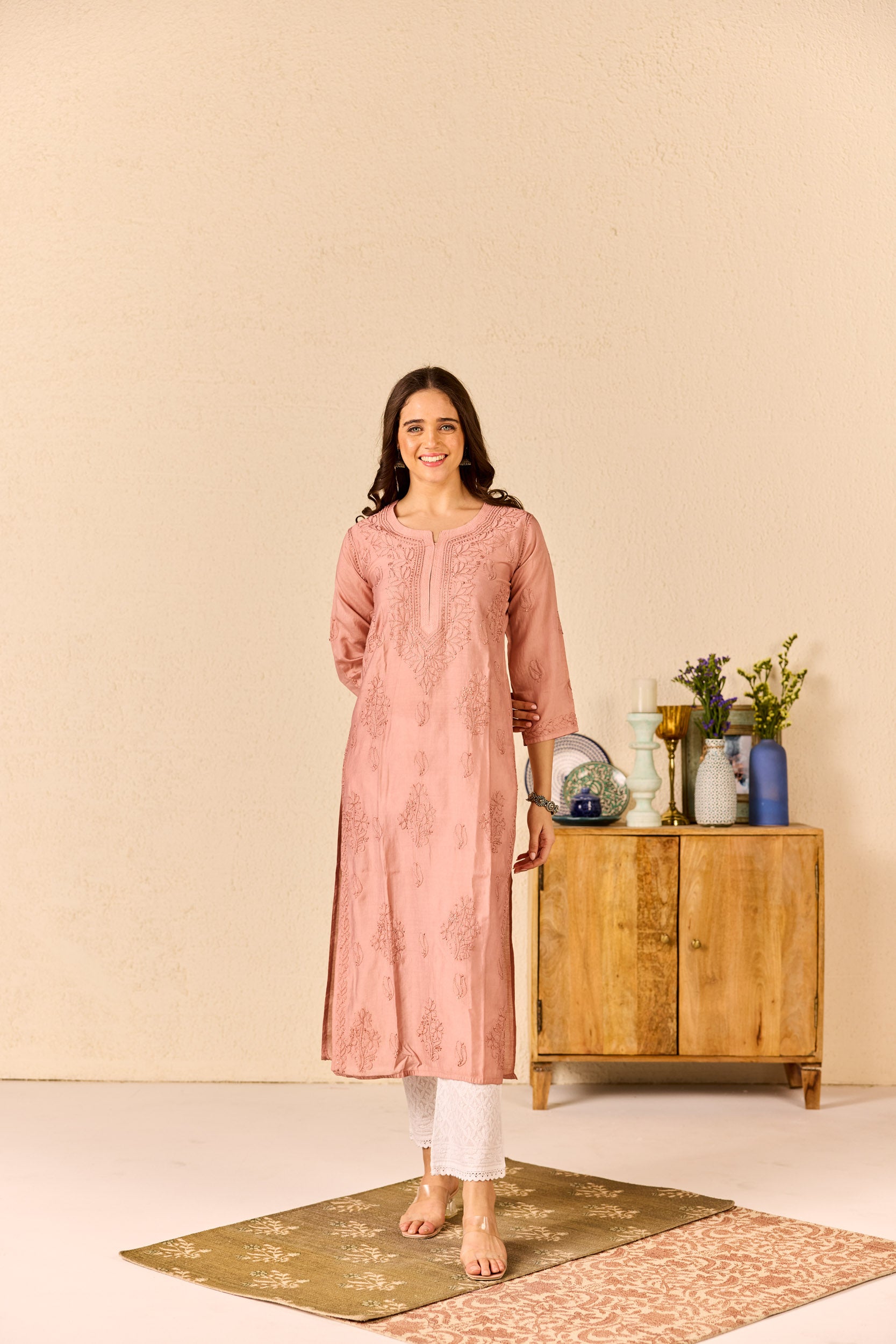 Elham Dusty Rose Pink Chanderi Hand Embroidered Chikankari Kurta