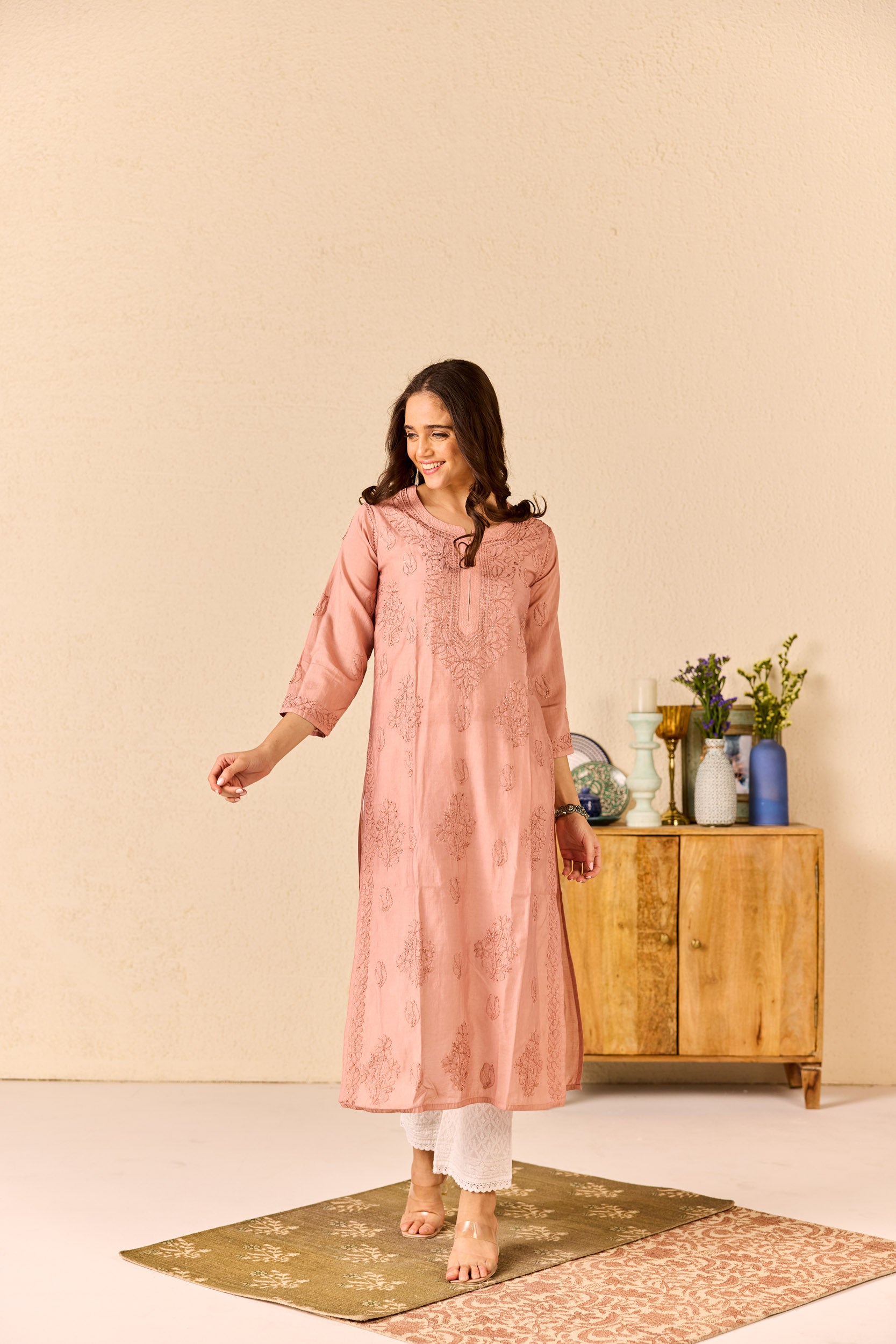 Elham Dusty Rose Pink Chanderi Hand Embroidered Chikankari Kurta