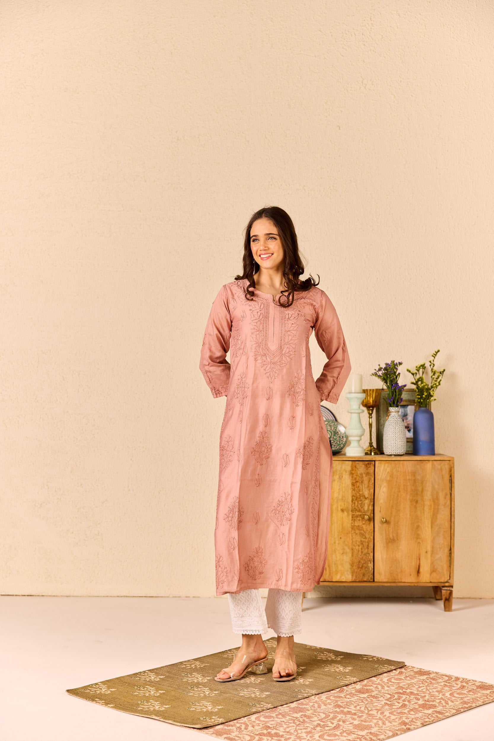 Elham Dusty Rose Pink Chanderi Hand Embroidered Chikankari Kurta