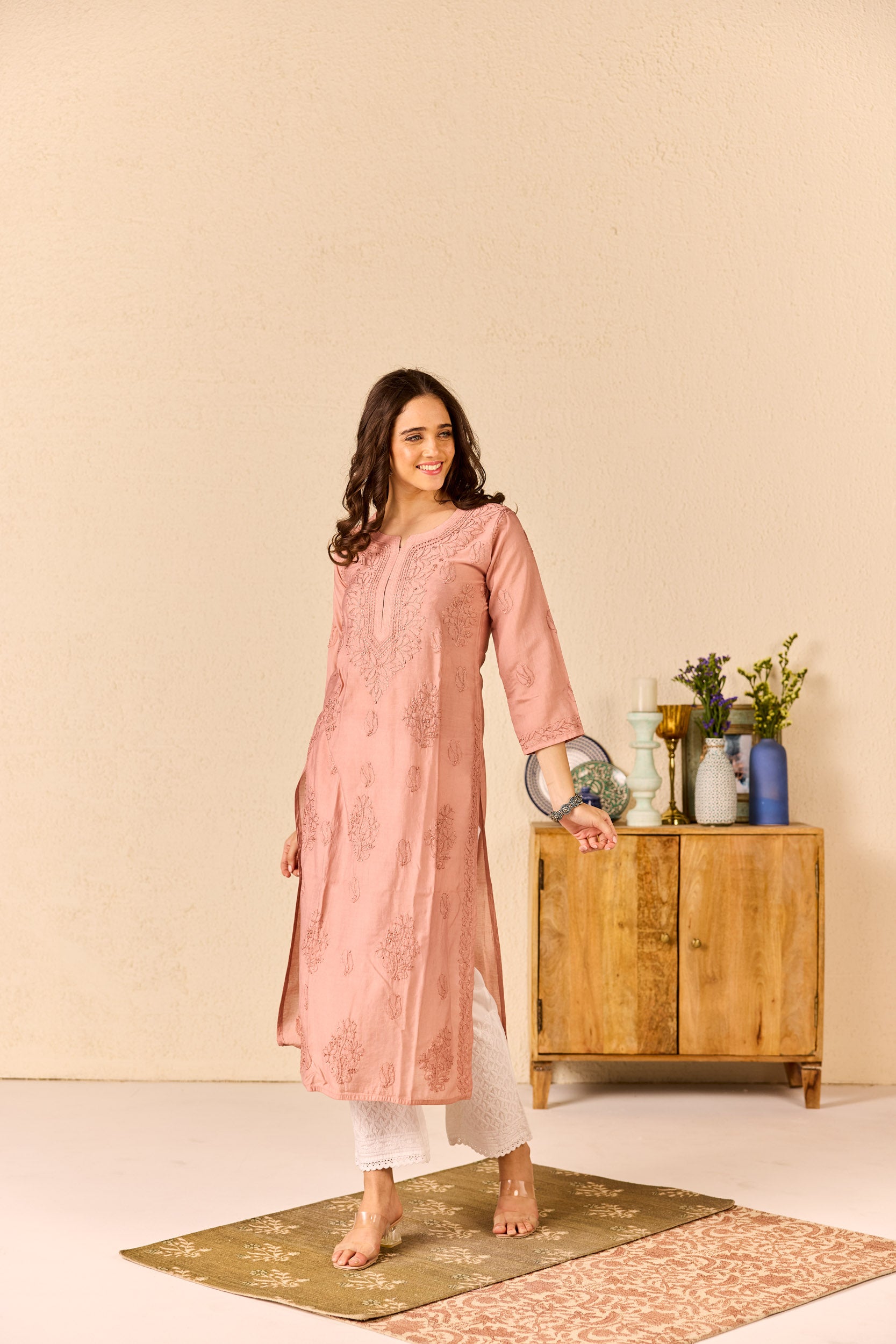 Elham Dusty Rose Pink Chanderi Hand Embroidered Chikankari Kurta