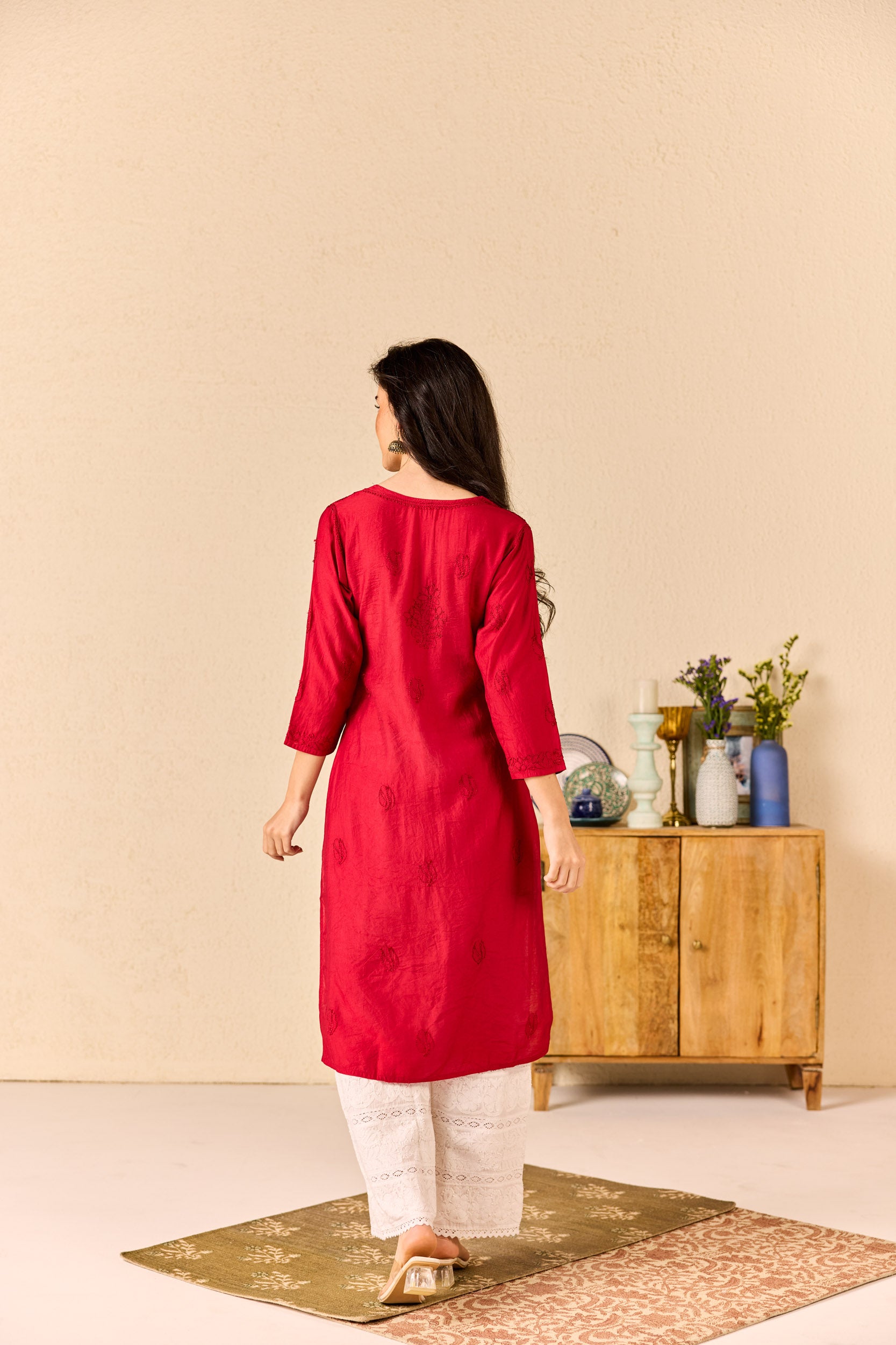 Areesha Maroon Chanderi Hand Embroidered Chikankari Kurta