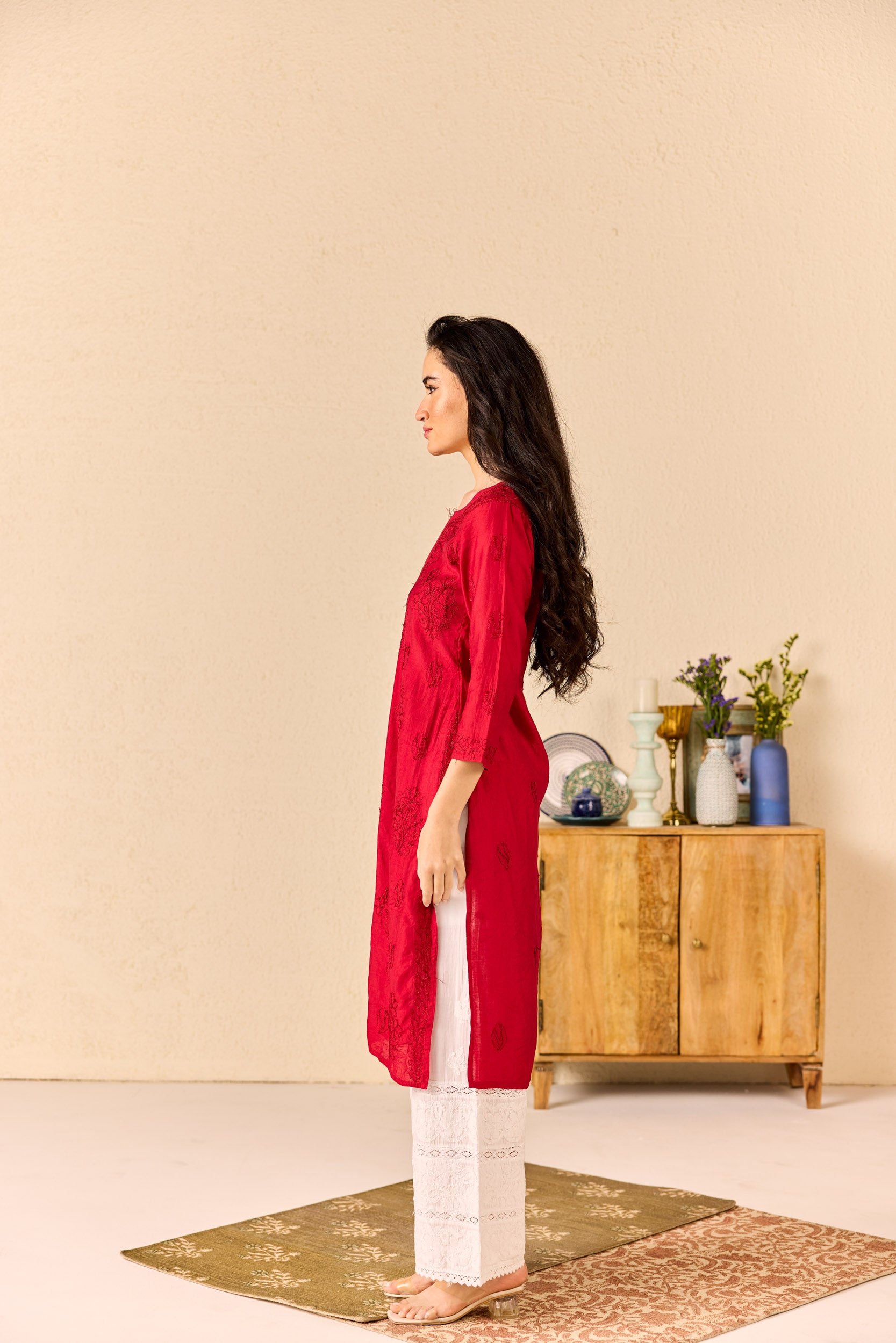 Areesha Maroon Chanderi Hand Embroidered Chikankari Kurta