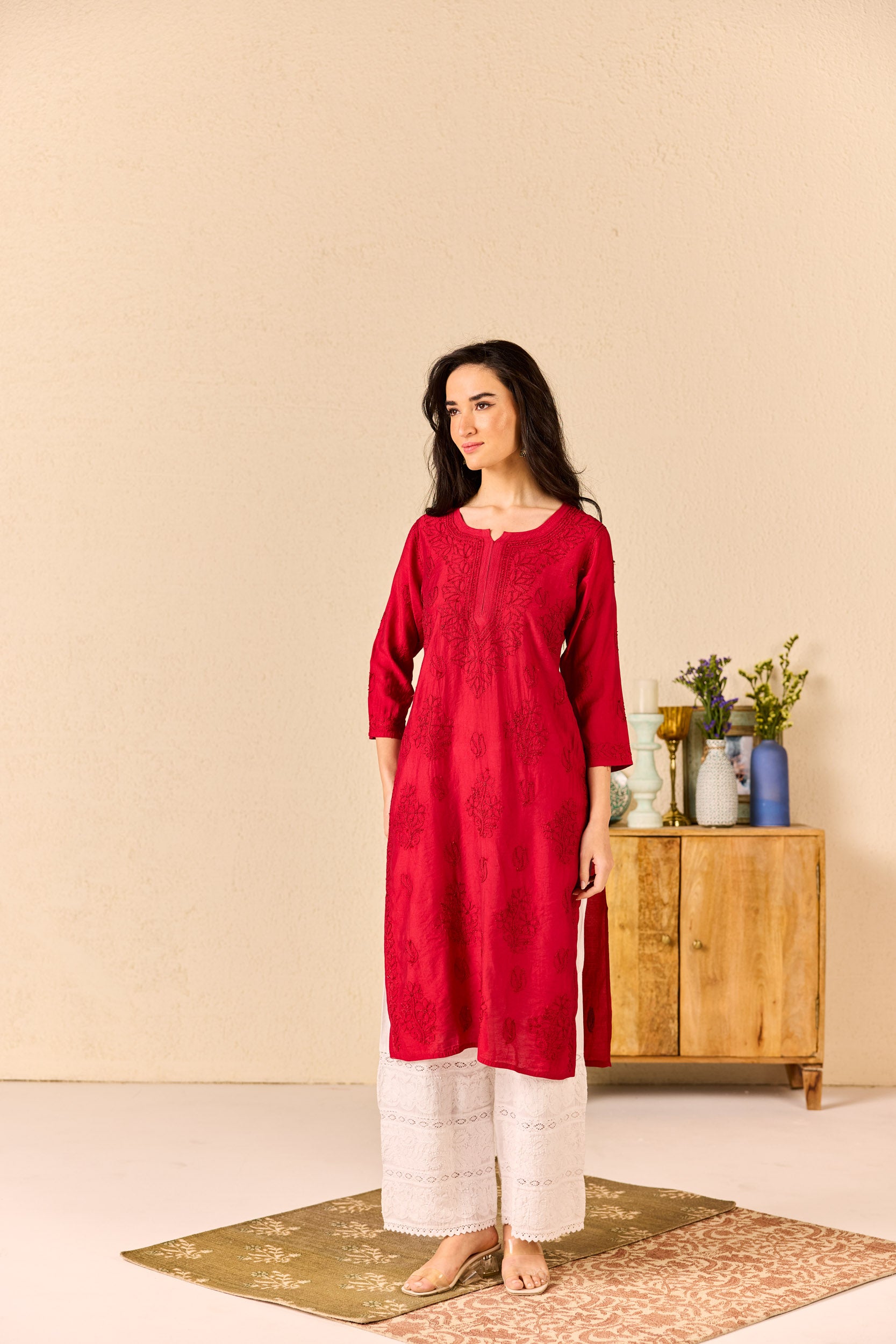 Areesha Maroon Chanderi Hand Embroidered Chikankari Kurta