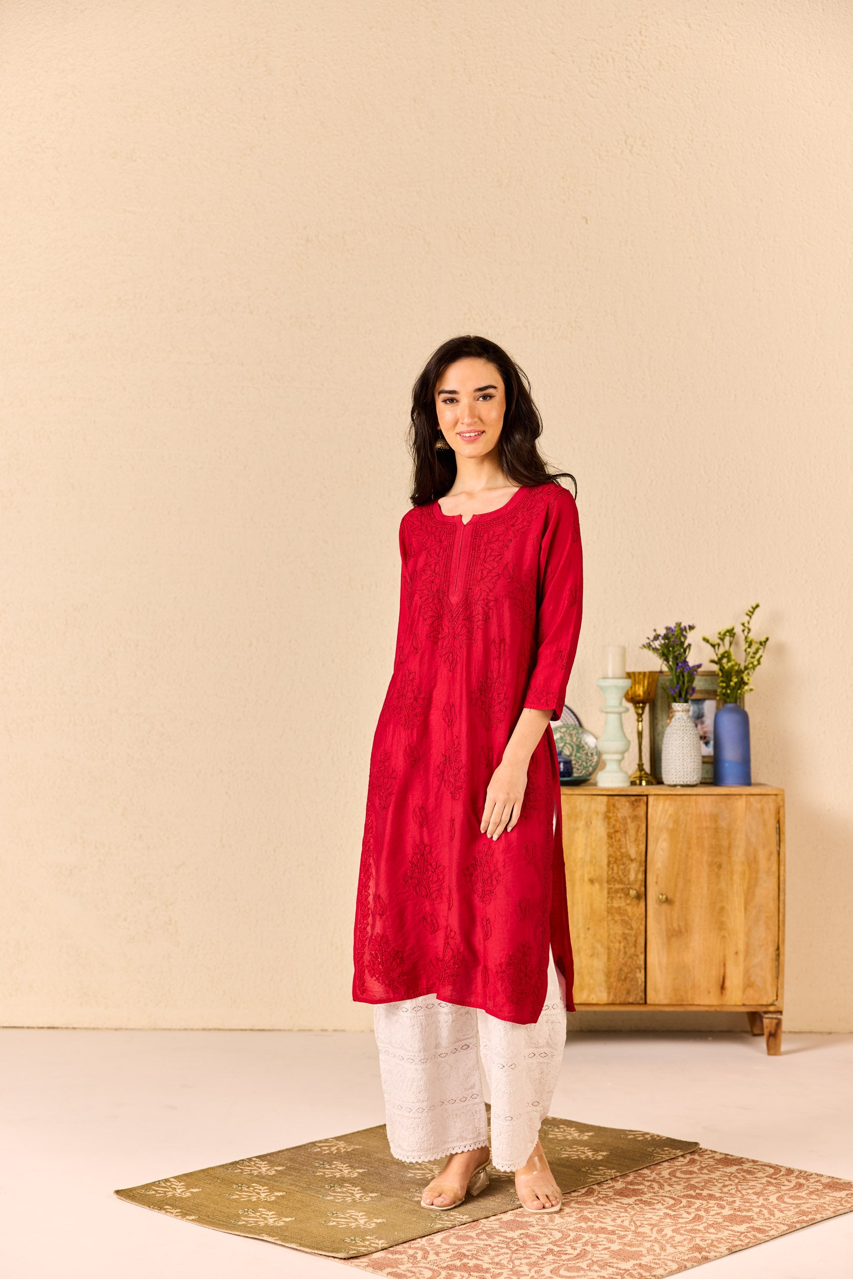Areesha Maroon Chanderi Hand Embroidered Chikankari Kurta