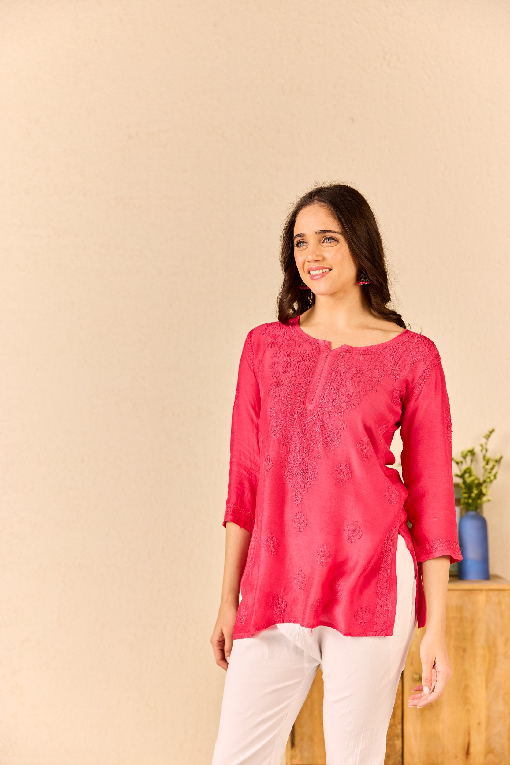 Arabella Hot Pink Muslin Hand Embroidered Short Chikankari Kurti