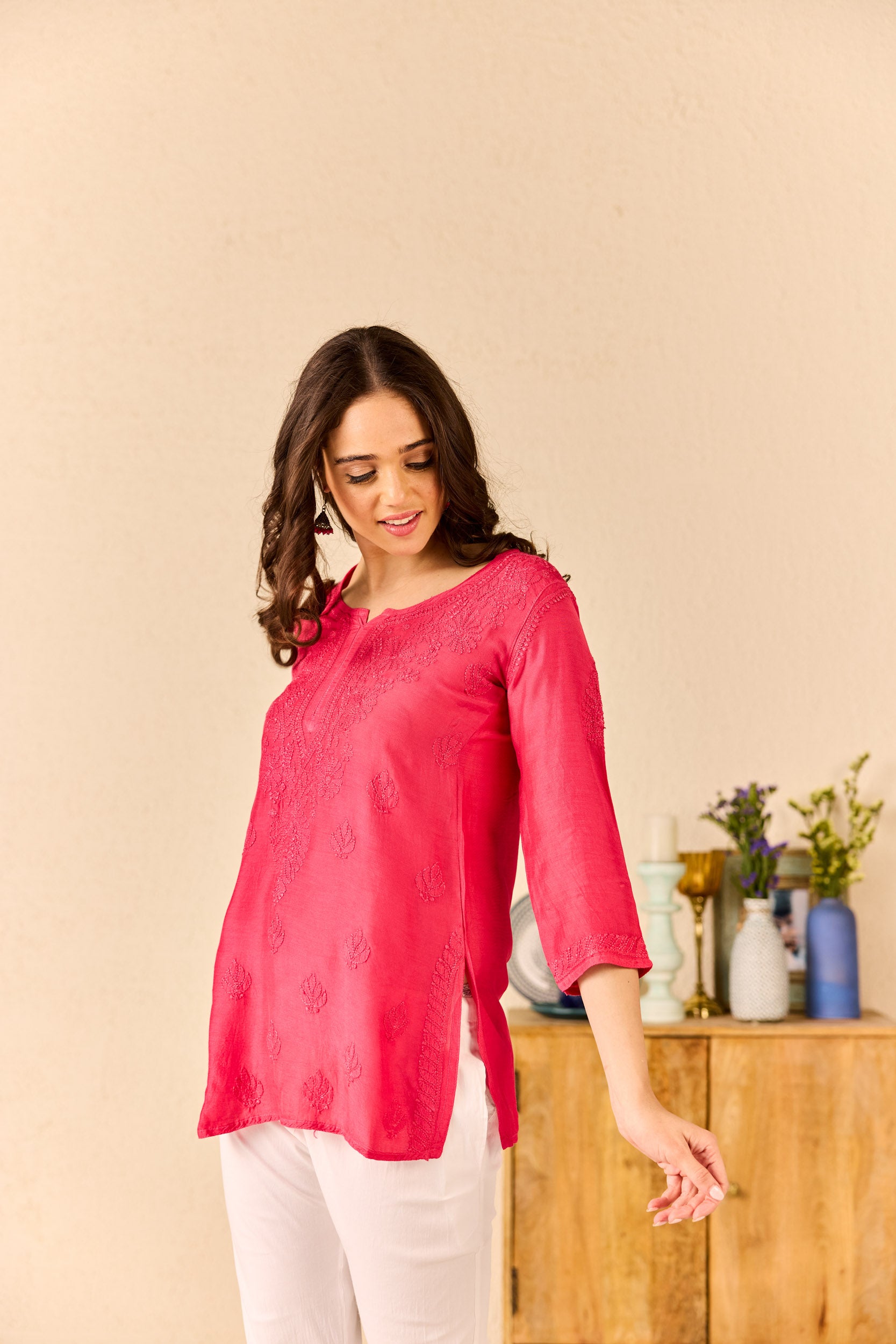 Arabella Hot Pink Muslin Hand Embroidered Short Chikankari Kurti